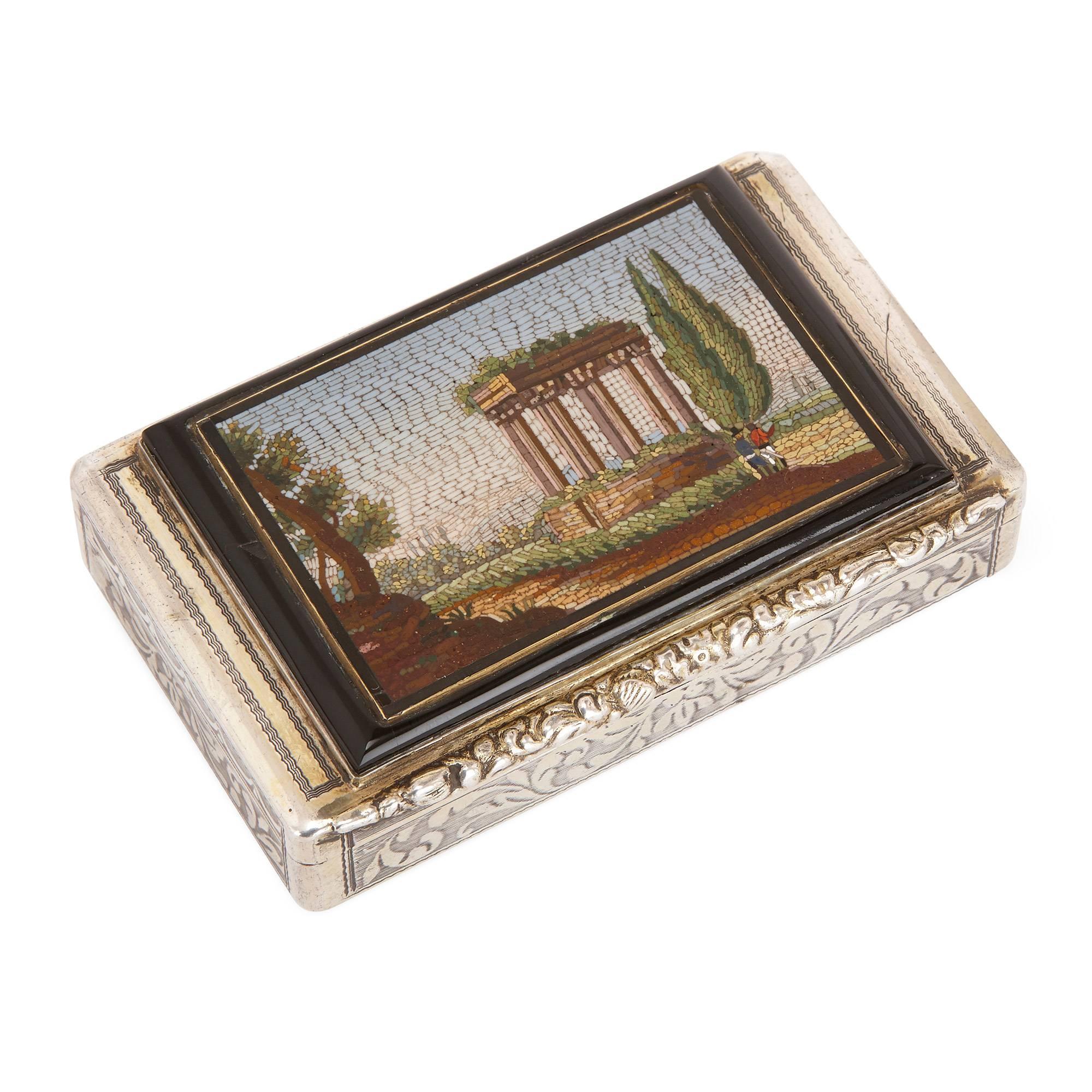 Antique Chased Silver Snuff Box Set with Fine Italian Micromosaic Plaque For Sale