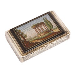 Vintage Chased Silver Snuff Box Set with Fine Italian Micromosaic Plaque