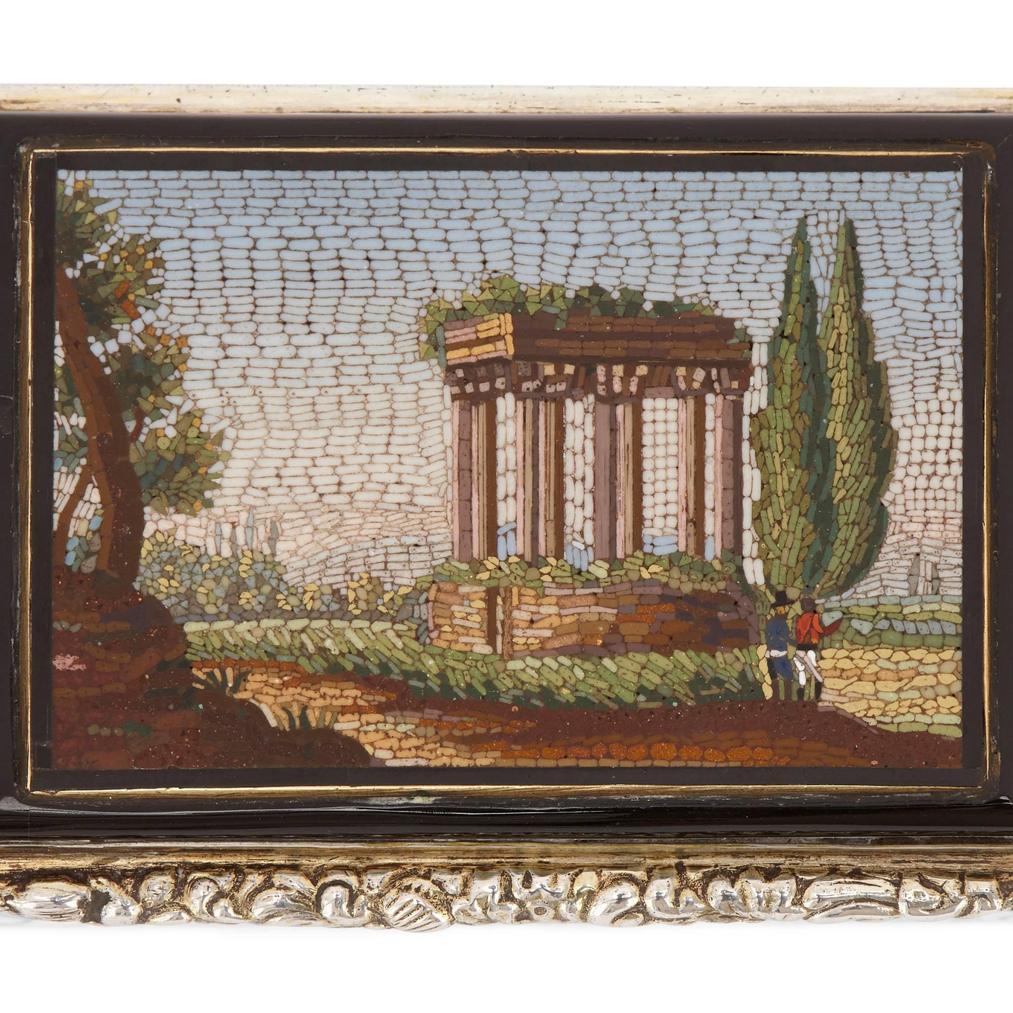 Grand Tour Antique Chased Silver Snuff Box Set with Fine Italian Micromosaic Plaque For Sale