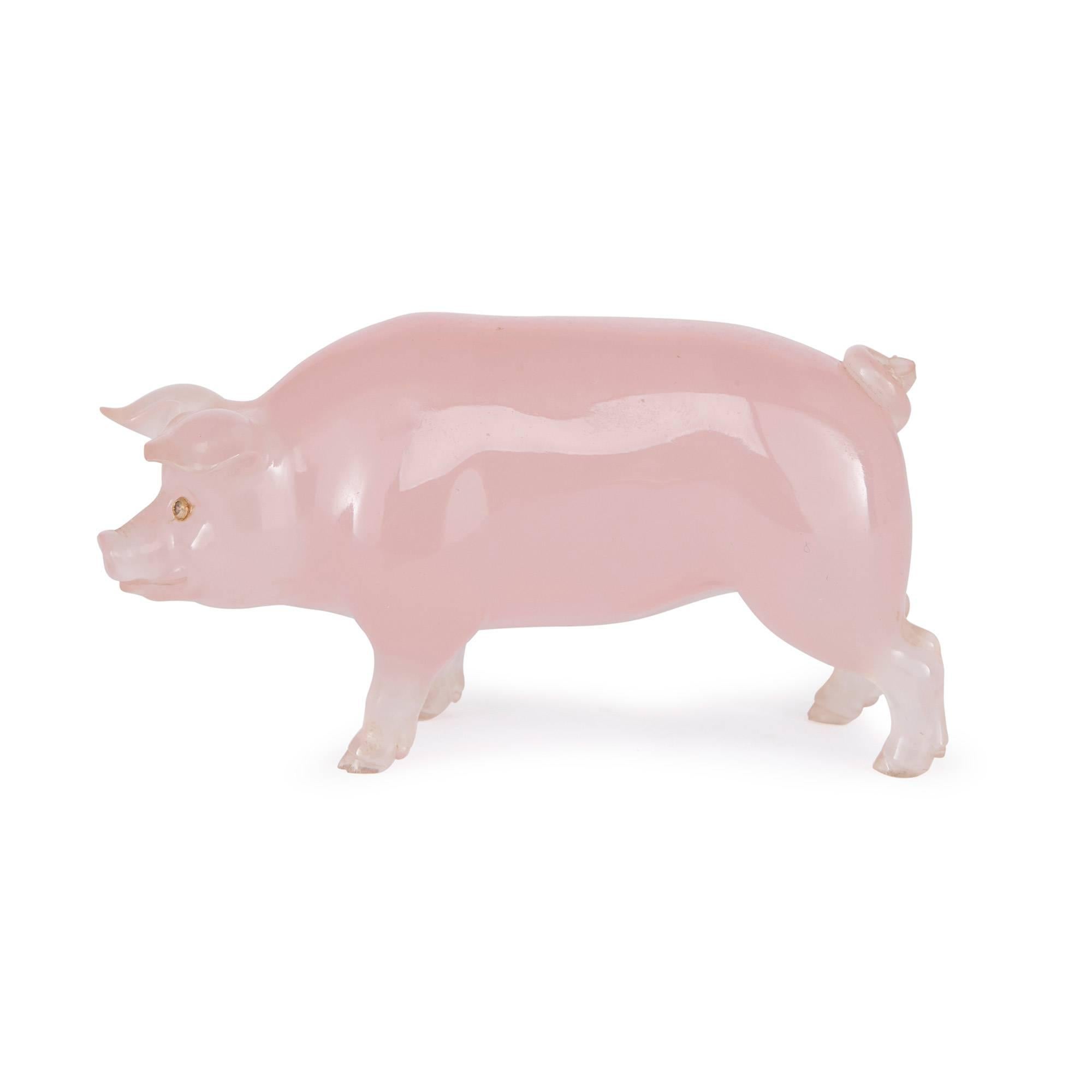 This realistic pig has been carved in rosequartz, set with diamond eyes.

The House of Fabergé was founded in St. Petersburg in 1842, under the ownership of Gustav Fabergé (1814-1893). His son, Peter Carl Fabergé (1846-1920), assumed control of the