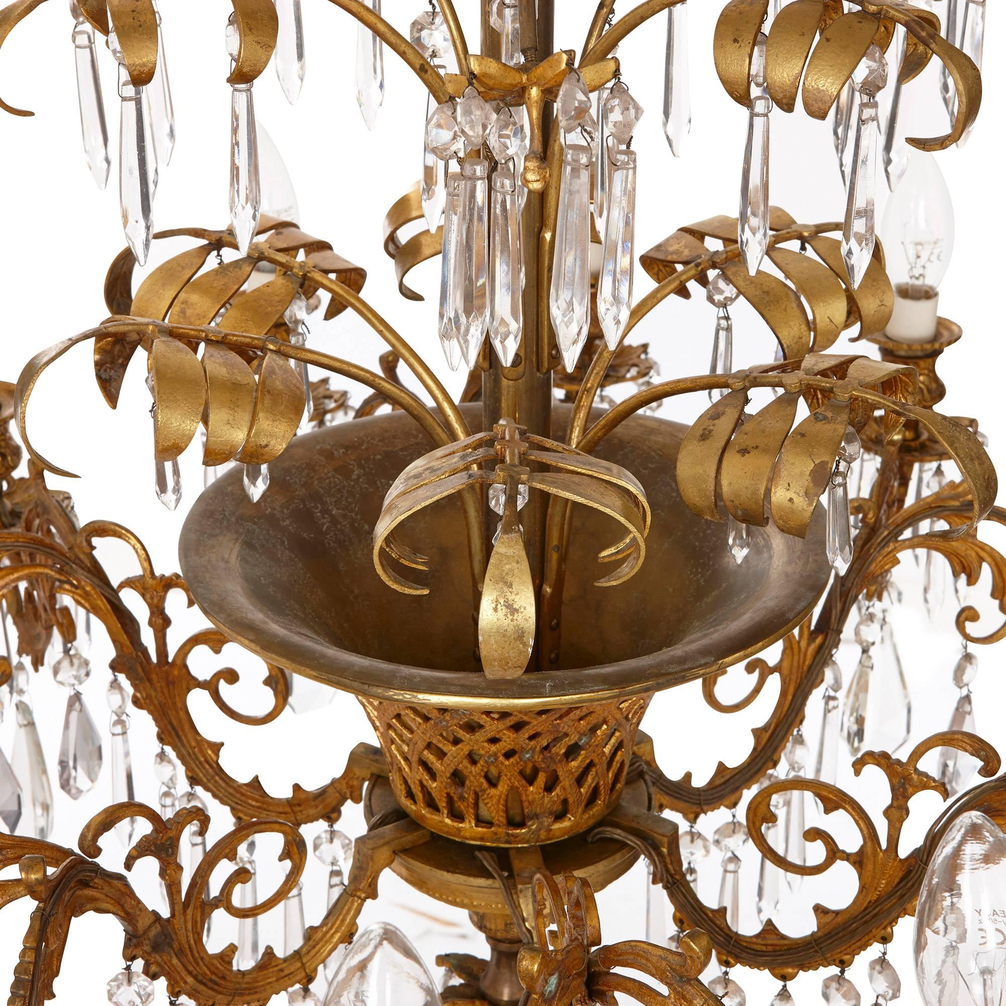 Gilt French Antique Belle Epoque Style Ormolu and Cut-Glass Twelve-Light Chandelier For Sale