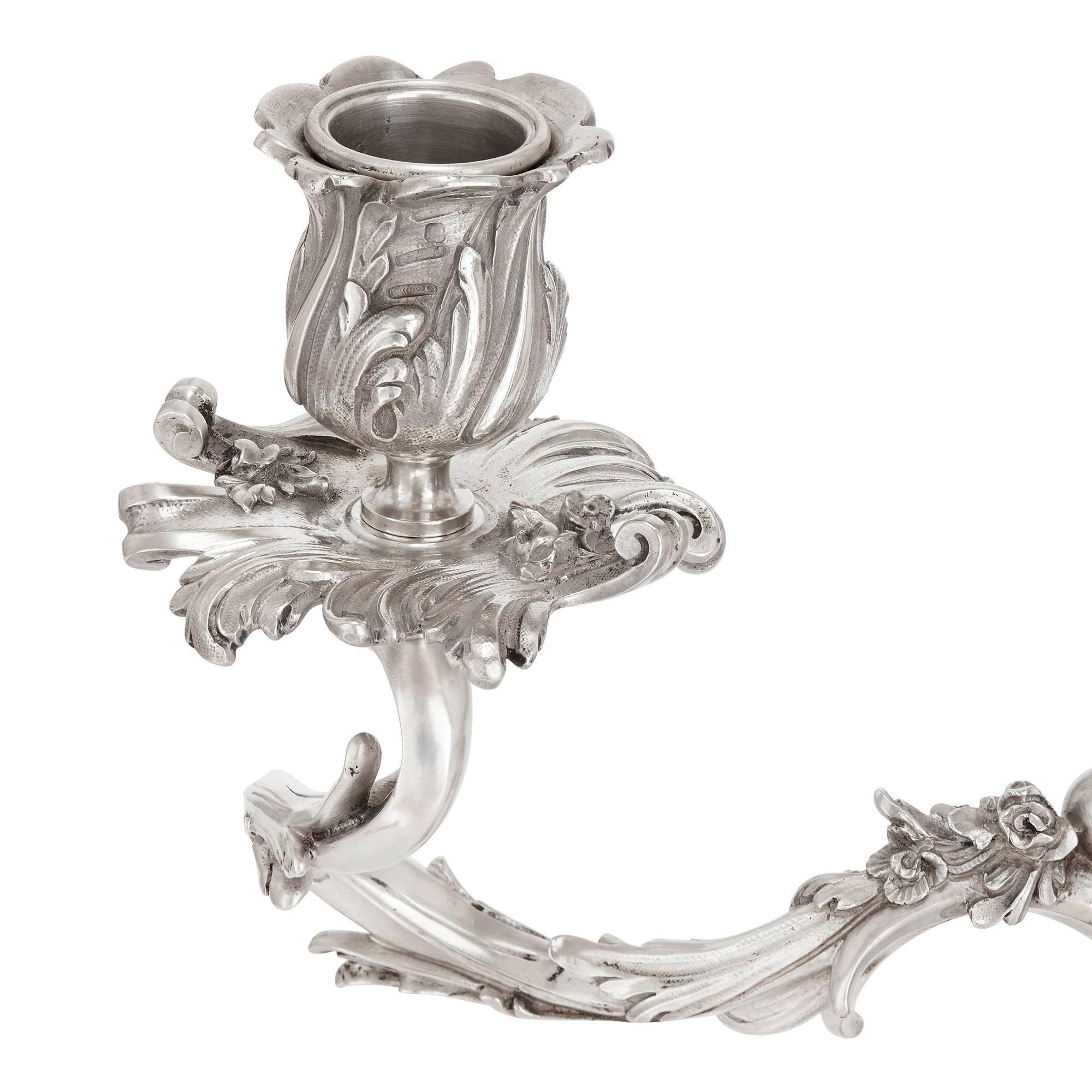 19th Century Rococo Style Pair of Antique French Silver Candelabra by Ernest Cardeilhac