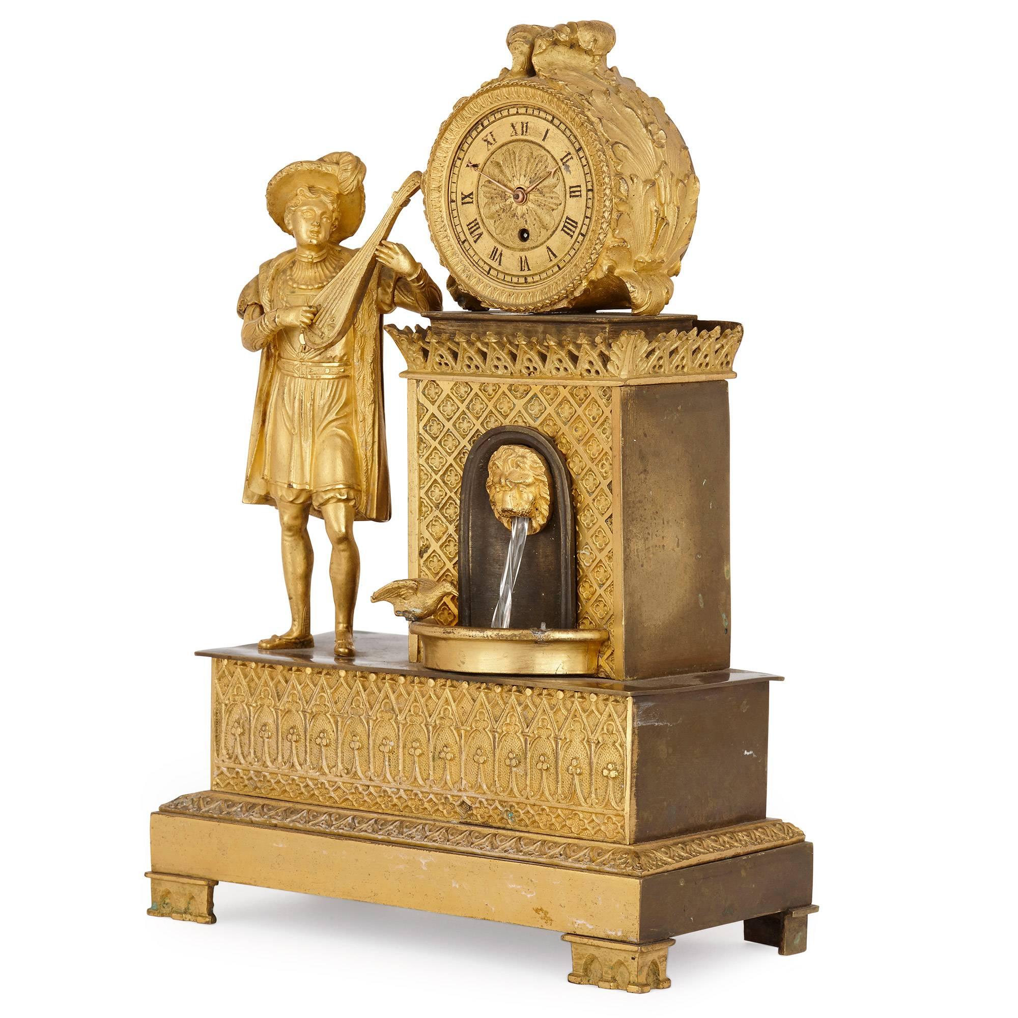 This beautiful antique mantel clock features a central circular dial set within an ormolu case, above a leaf chased water spout with a lion mask, flanked by a lute player modelled in a naturalistic way; the clock's movement is signed 'Geo. Jamison,