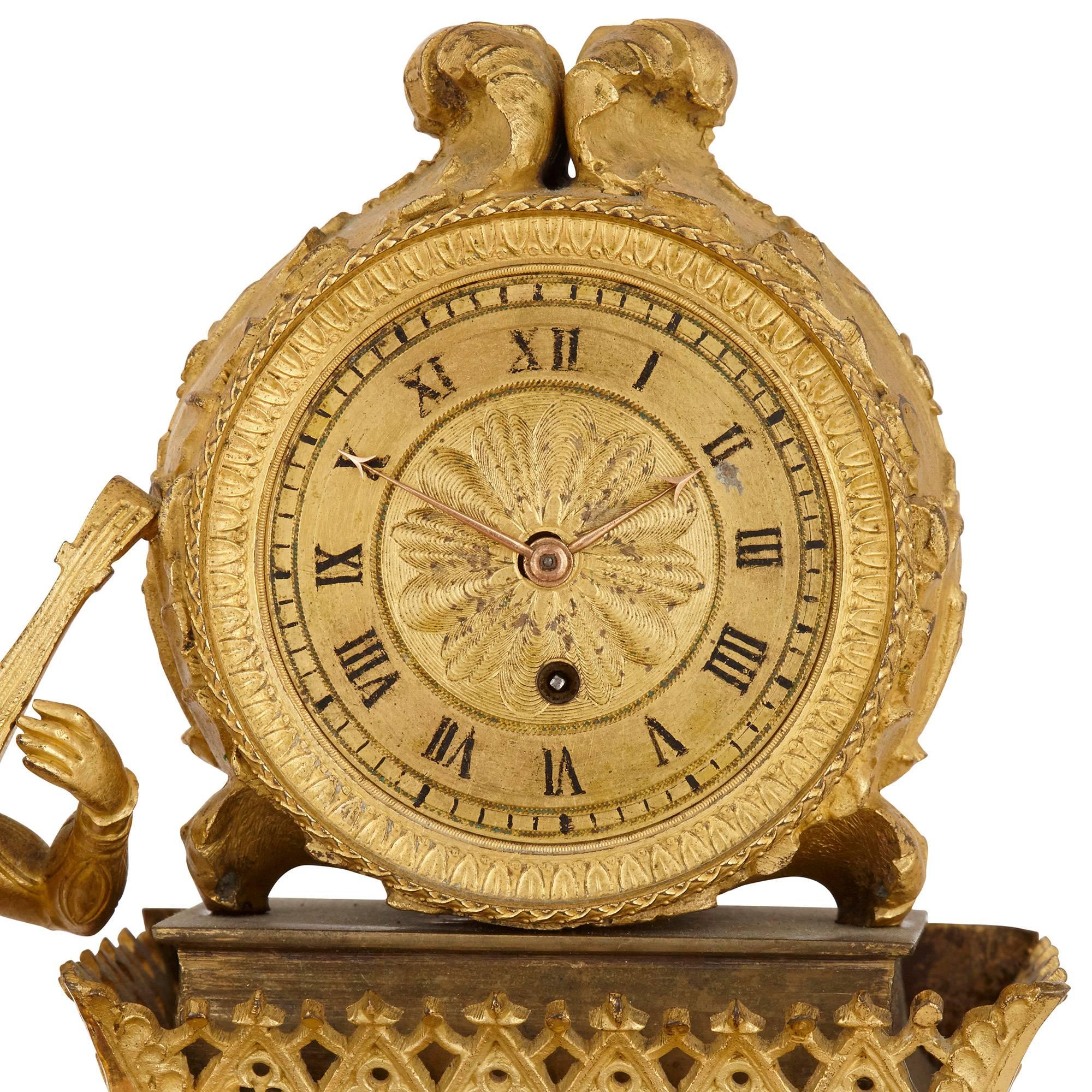 Renaissance Revival Antique French Gilt Bronze Mantel Clock with Waterfall Decoration