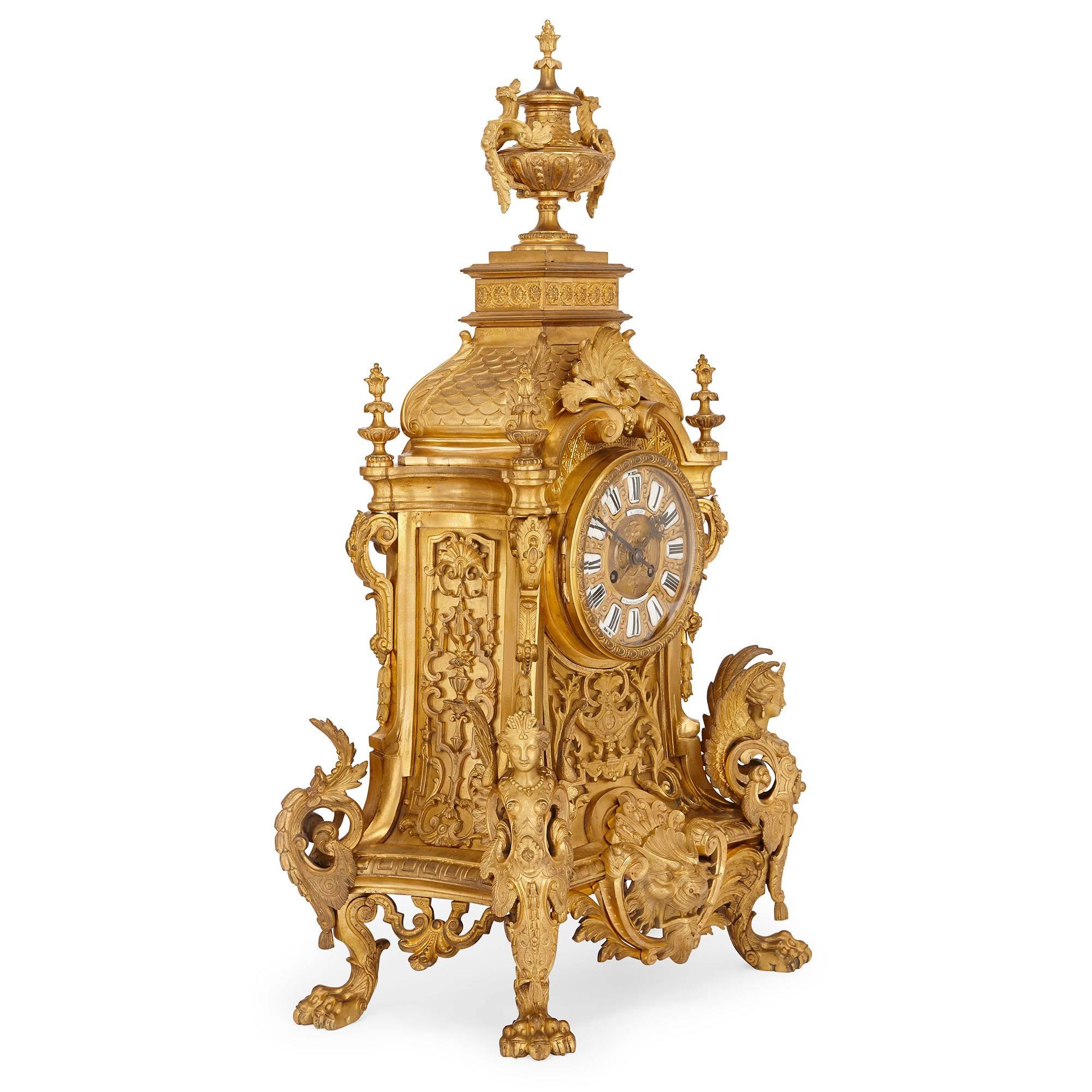 Renaissance Antique French Large Three-Piece Gilt Bronze Clock Set by Henri Jondet