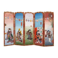 Antique Painted Wood Five-Panel Folding Screen in the Japonisme Style