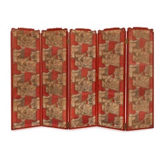 Antique Painted Wood Five-Panel Folding Screen in the Japonisme Style