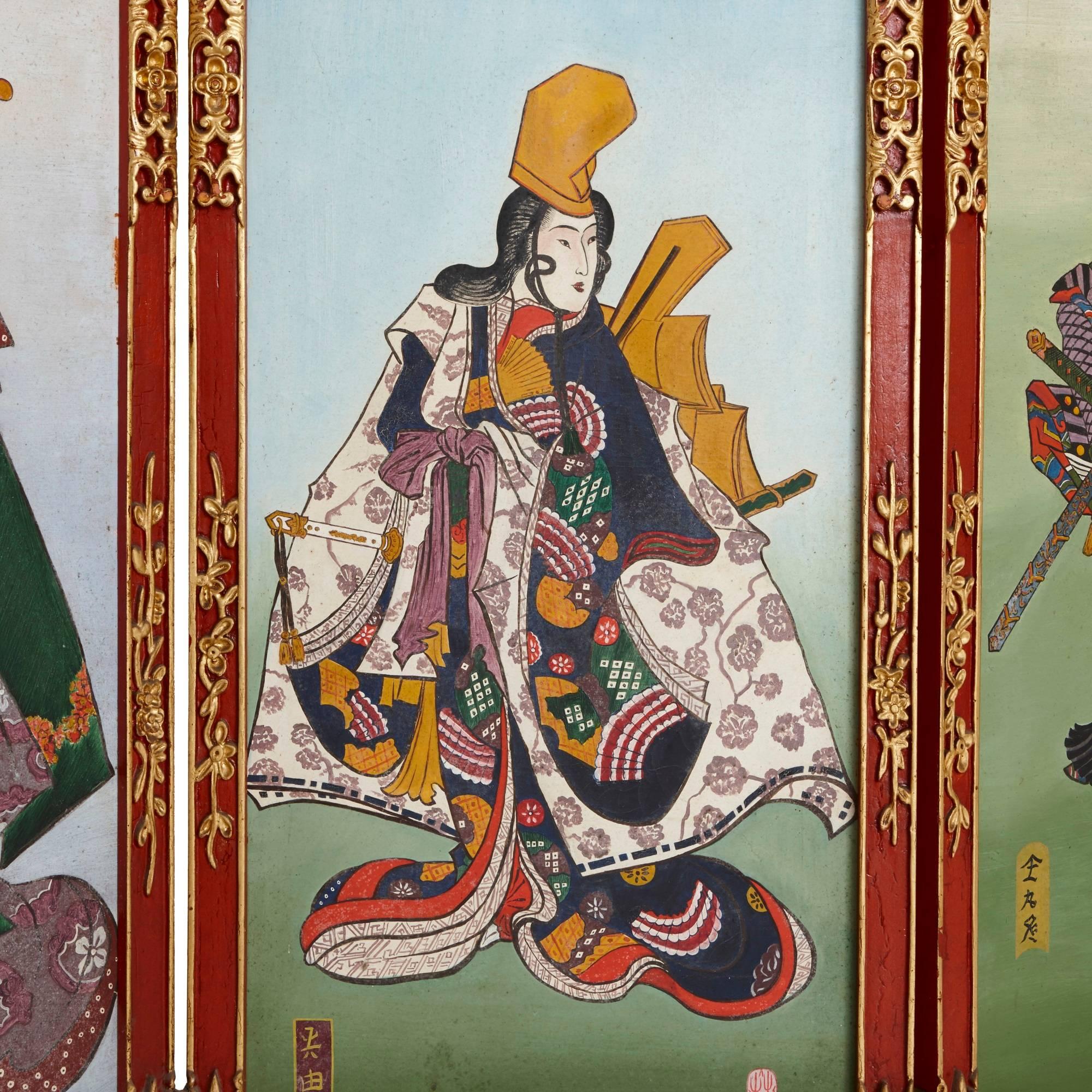 Antique Painted Wood Five-Panel Folding Screen in the Japonisme Style In Good Condition For Sale In London, GB
