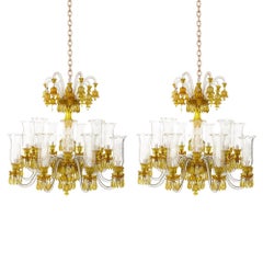 Pair of Yellow and Etched Crystal Chandeliers in the Belle Époque Style