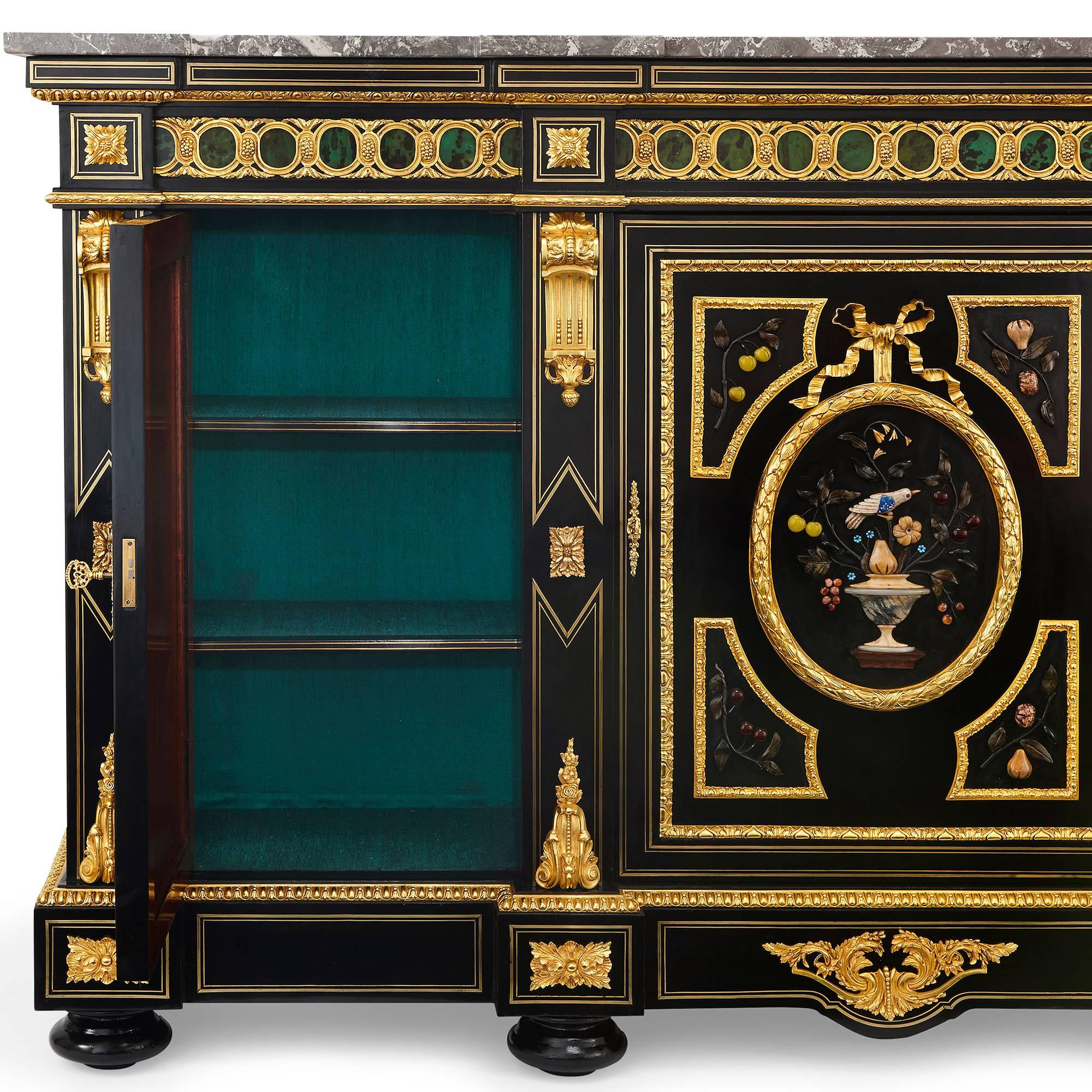 19th Century Napoleon III Period Marble, Hardstone, Ebonized Wood and Ormolu-Mounted Cabinet