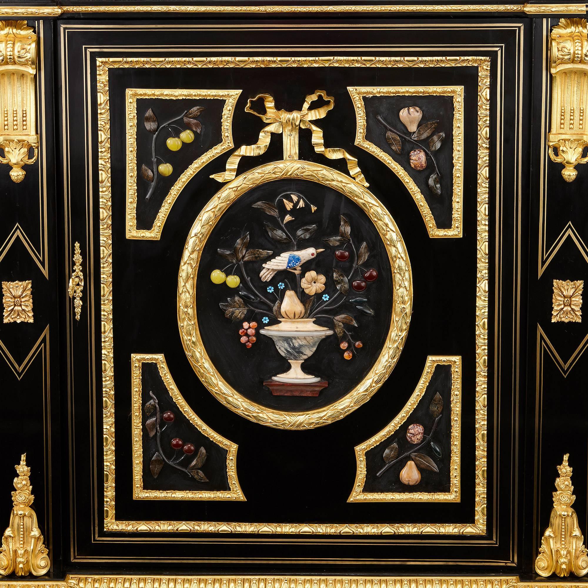 French Napoleon III Period Marble, Hardstone, Ebonized Wood and Ormolu-Mounted Cabinet