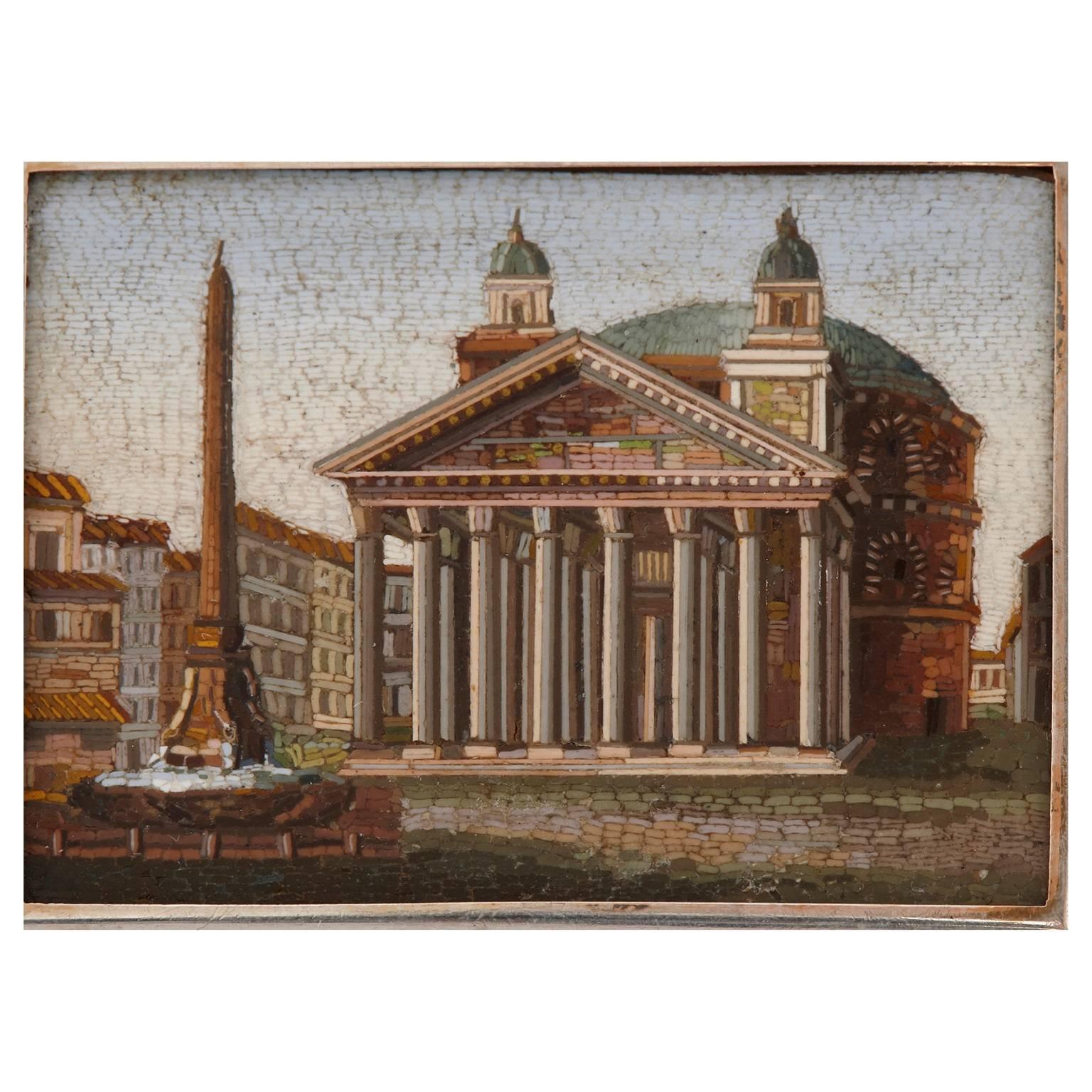 This exquisite antique Italian micro-mosaic plaque depicts the Piazza della Rotunda in Rome, with the Pantheon at its centre. The portrayal is particularly important, as it shows the Pantheon as having twin bell towers, which were removed from the