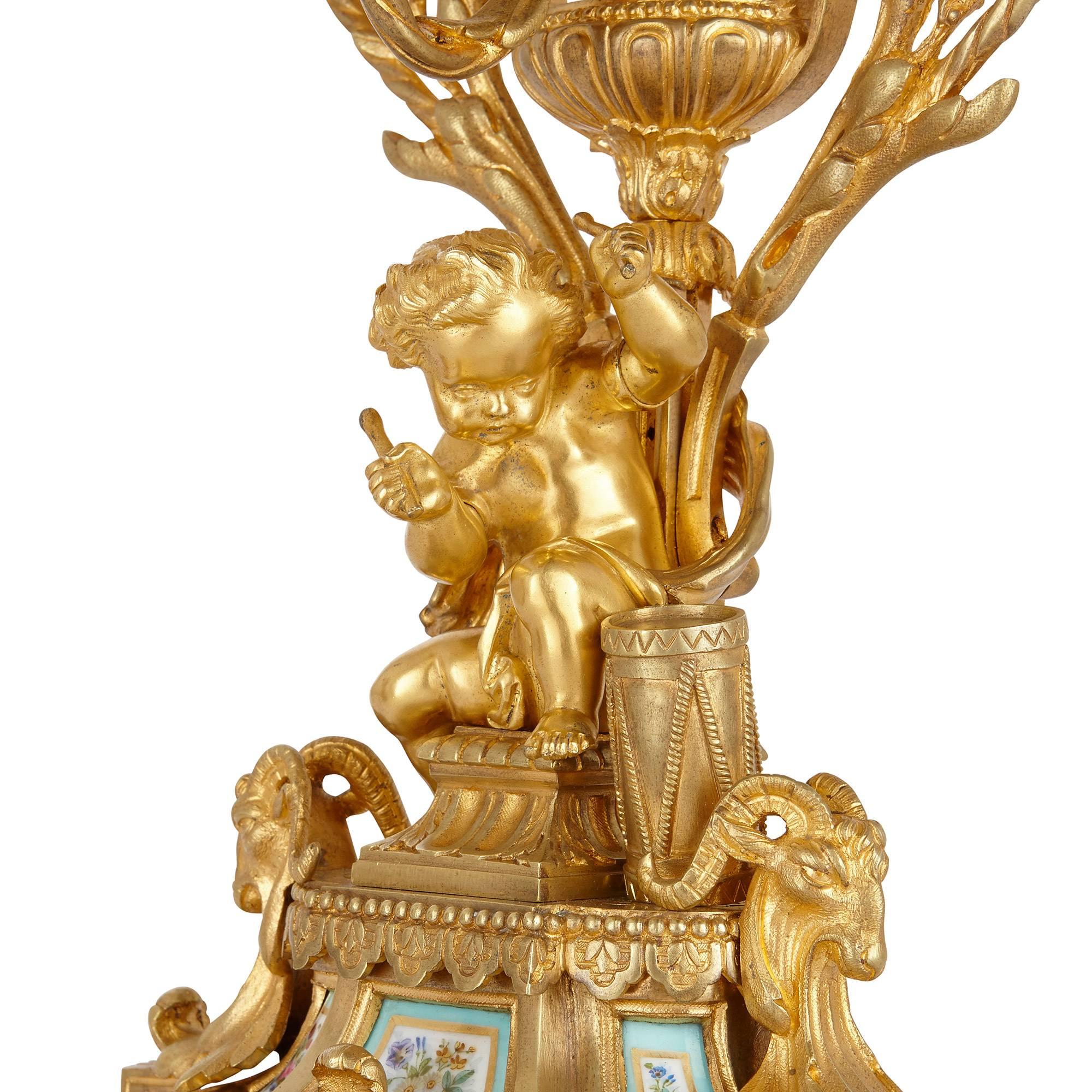 19th Century Antique French Gilt Bronze and Sèvres Style Porcelain Three-Piece Clock Set