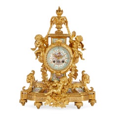 Antique French Gilt Bronze and Sèvres Style Porcelain Three-Piece Clock Set