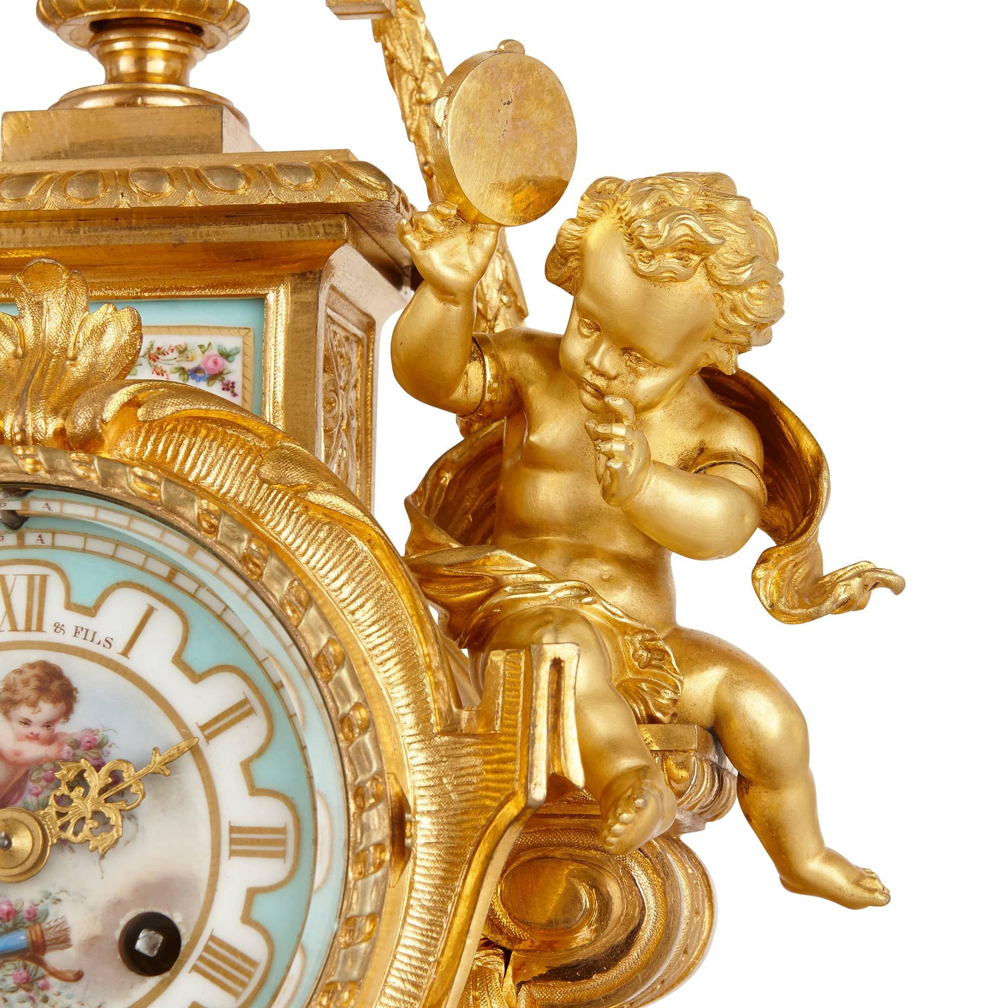 Antique French Gilt Bronze and Sèvres Style Porcelain Three-Piece Clock Set In Good Condition In London, GB