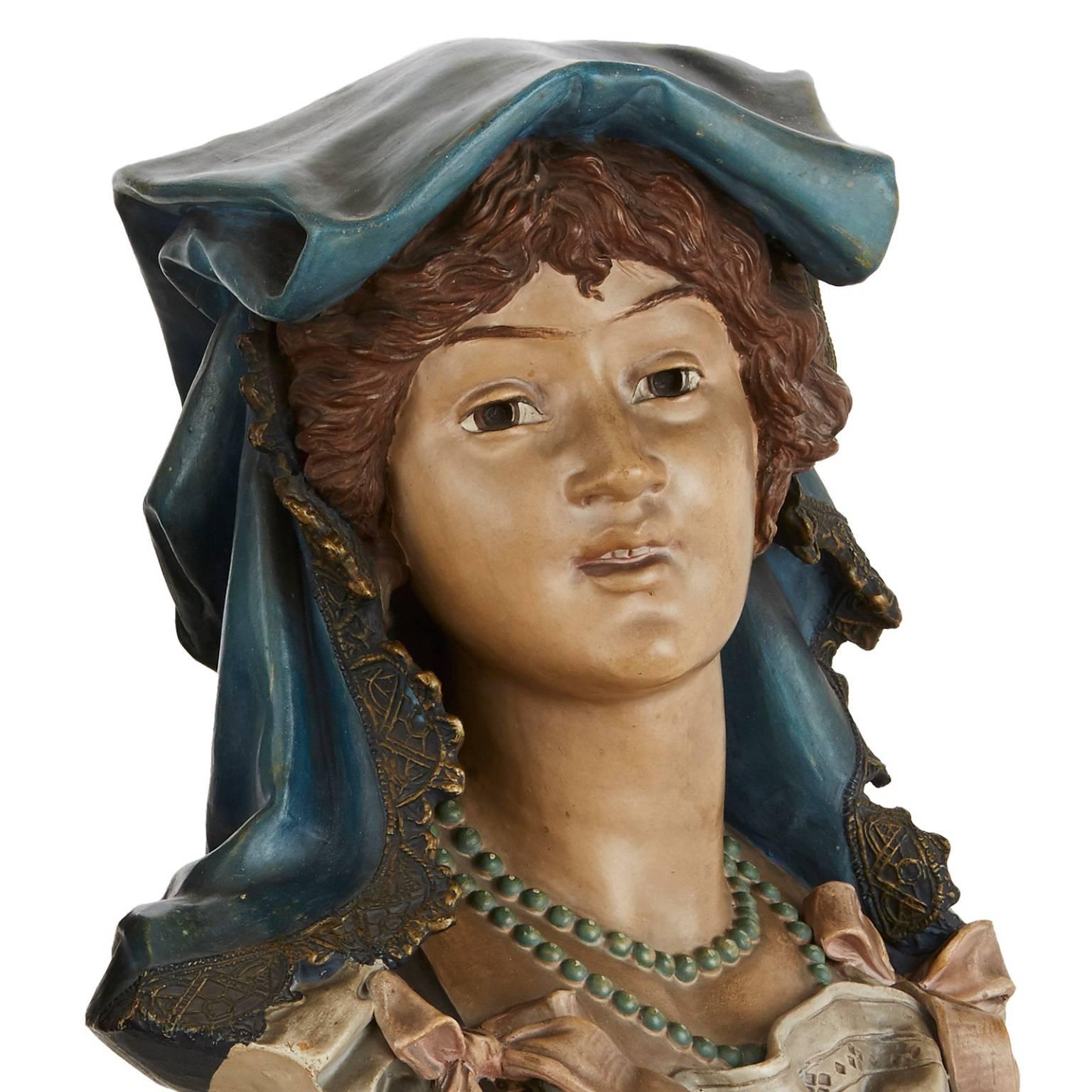 Hand-Painted Pair of Antique Tyrolean Terracotta Busts of a Bavarian Man and Woman For Sale