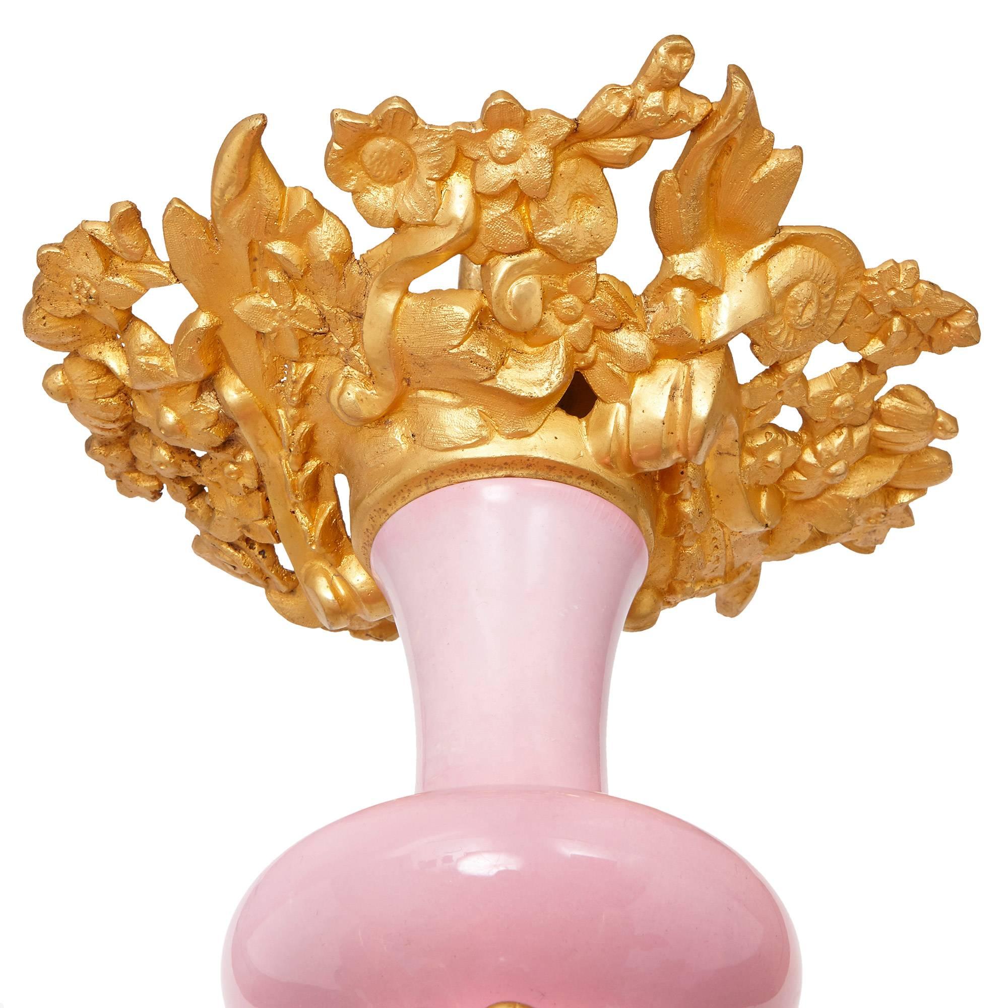 19th Century Belle Époque Style French Ormolu and Pink Porcelain Twelve-Light Chandelier For Sale