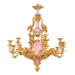 Belle Époque Style French Ormolu and Pink Porcelain Twelve-Light Chandelier