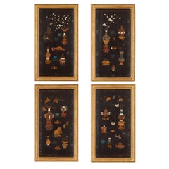 Set of Four Antique Chinese Soapstone, Mother-of-Pearl and Lacquer Panels