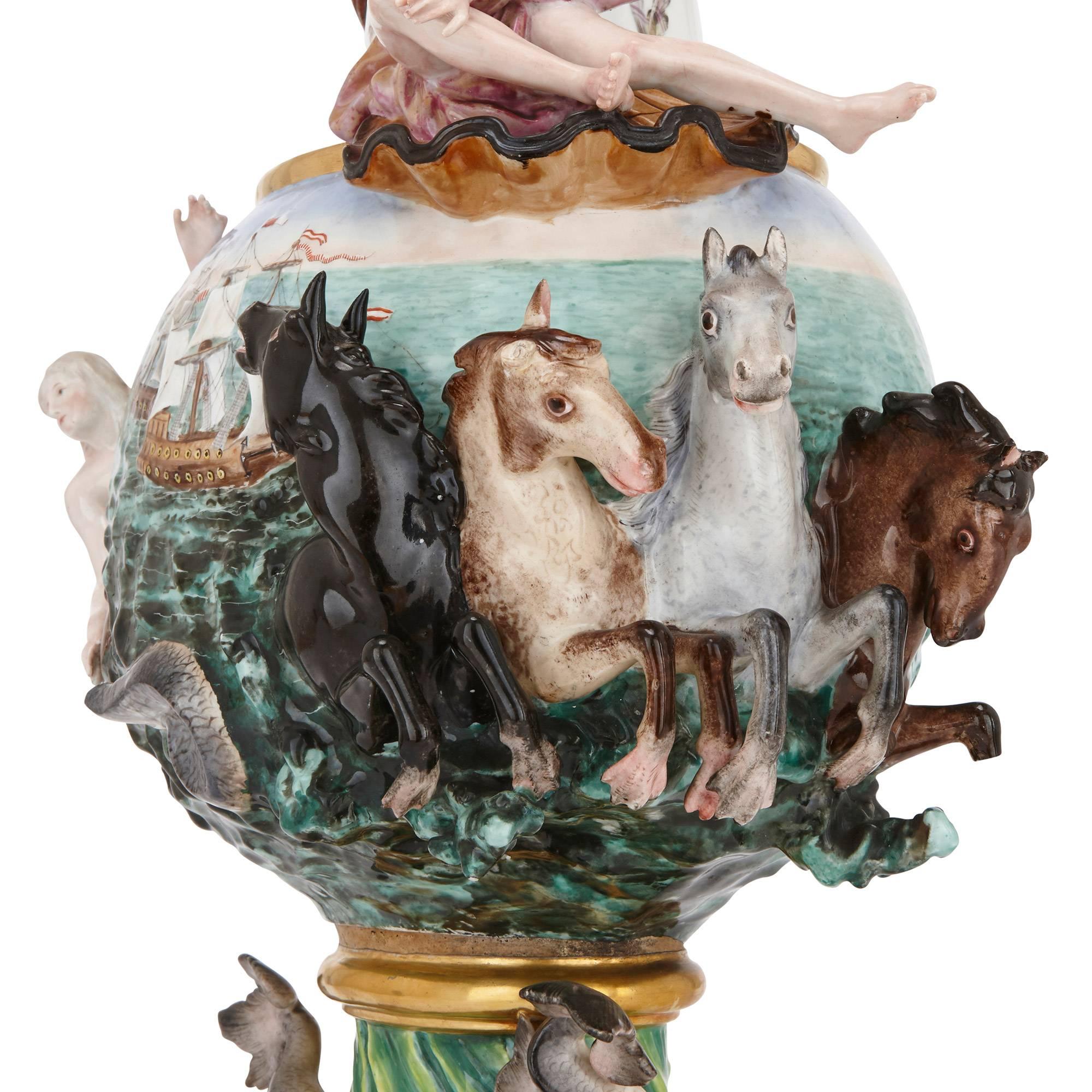 Belle Époque Large Antique German Meissen Porcelain 'Elements' Ewer, Symbolizing Water