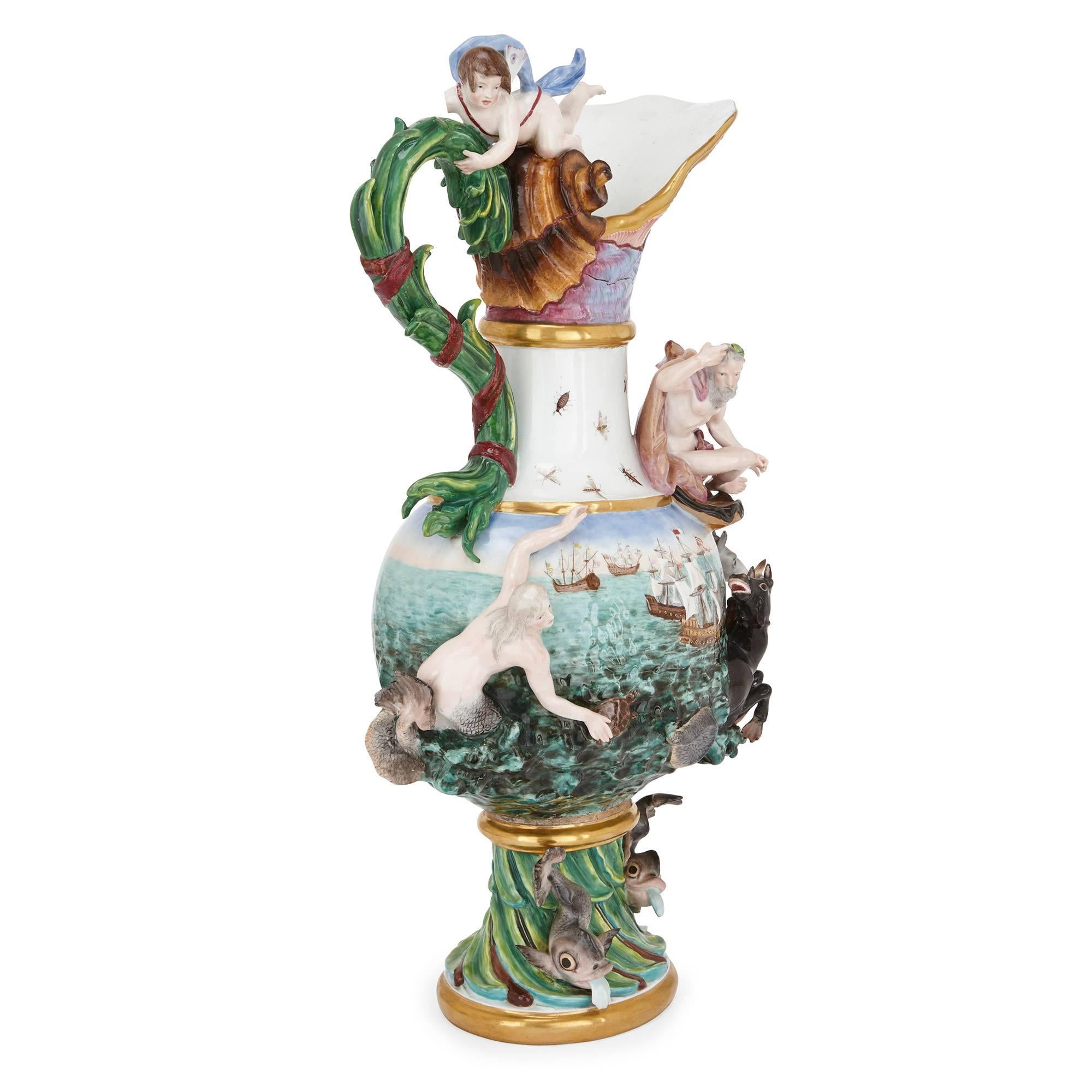 Large Antique German Meissen Porcelain 'Elements' Ewer, Symbolizing Water In Good Condition In London, GB