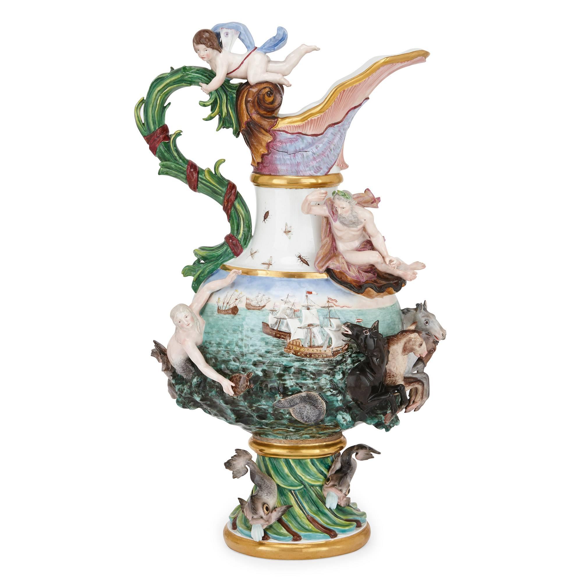 This exquisite Meissen porcelain ewer is after the model by Johann Joachim Kaendler (1706 - 1775), who was the chief sculptor at the Meissen porcelain factory between 1742 and 1775. One of the most famous modellers ever to have worked at Meissen,