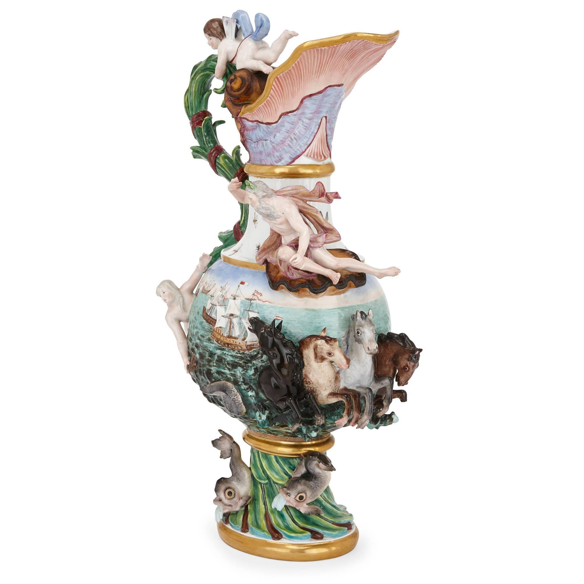 Large Antique German Meissen Porcelain 'Elements' Ewer, Symbolizing Water