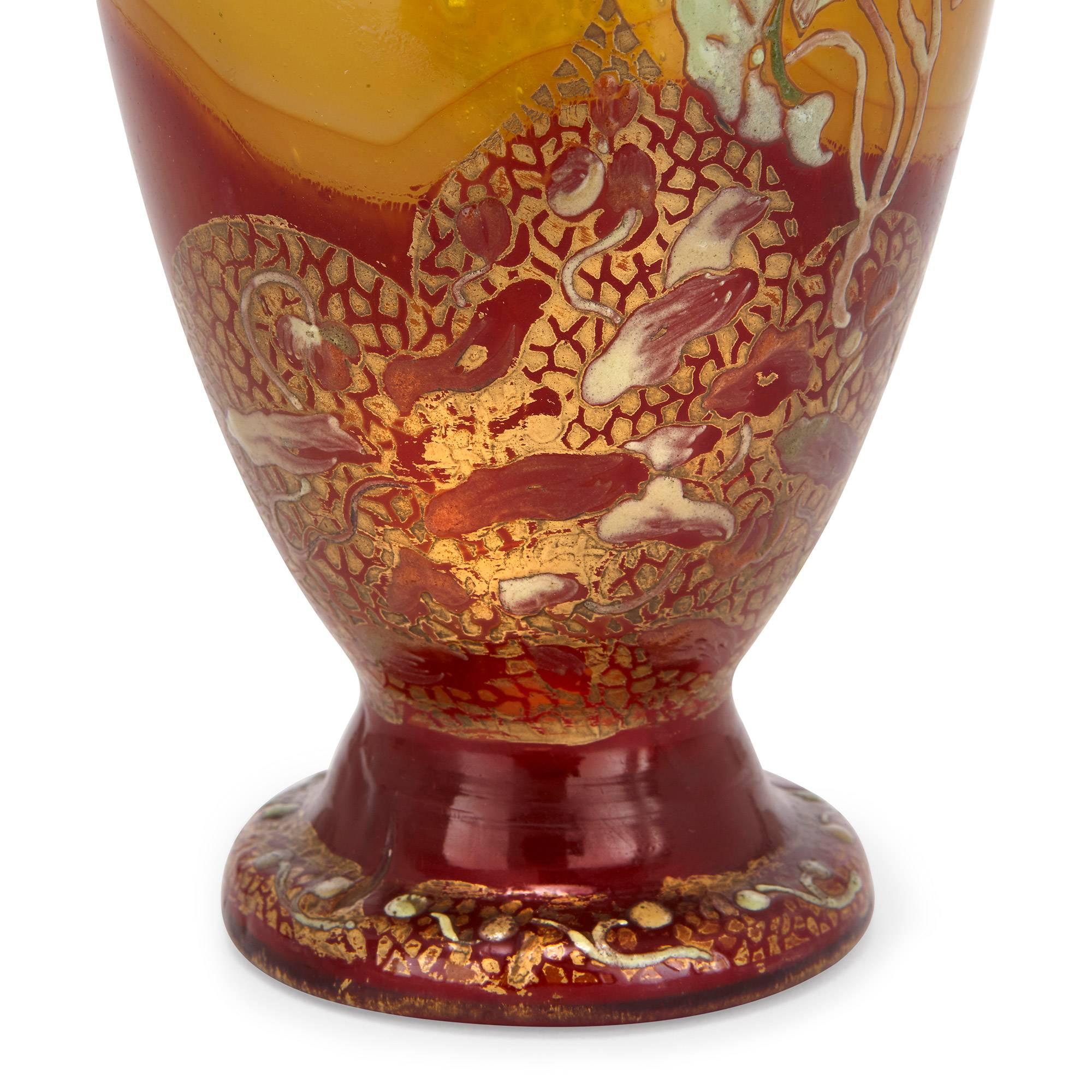 Antique Art Nouveau Style Yellow Glass Vase with Twin Handles by Emile Gallé In Distressed Condition In London, GB