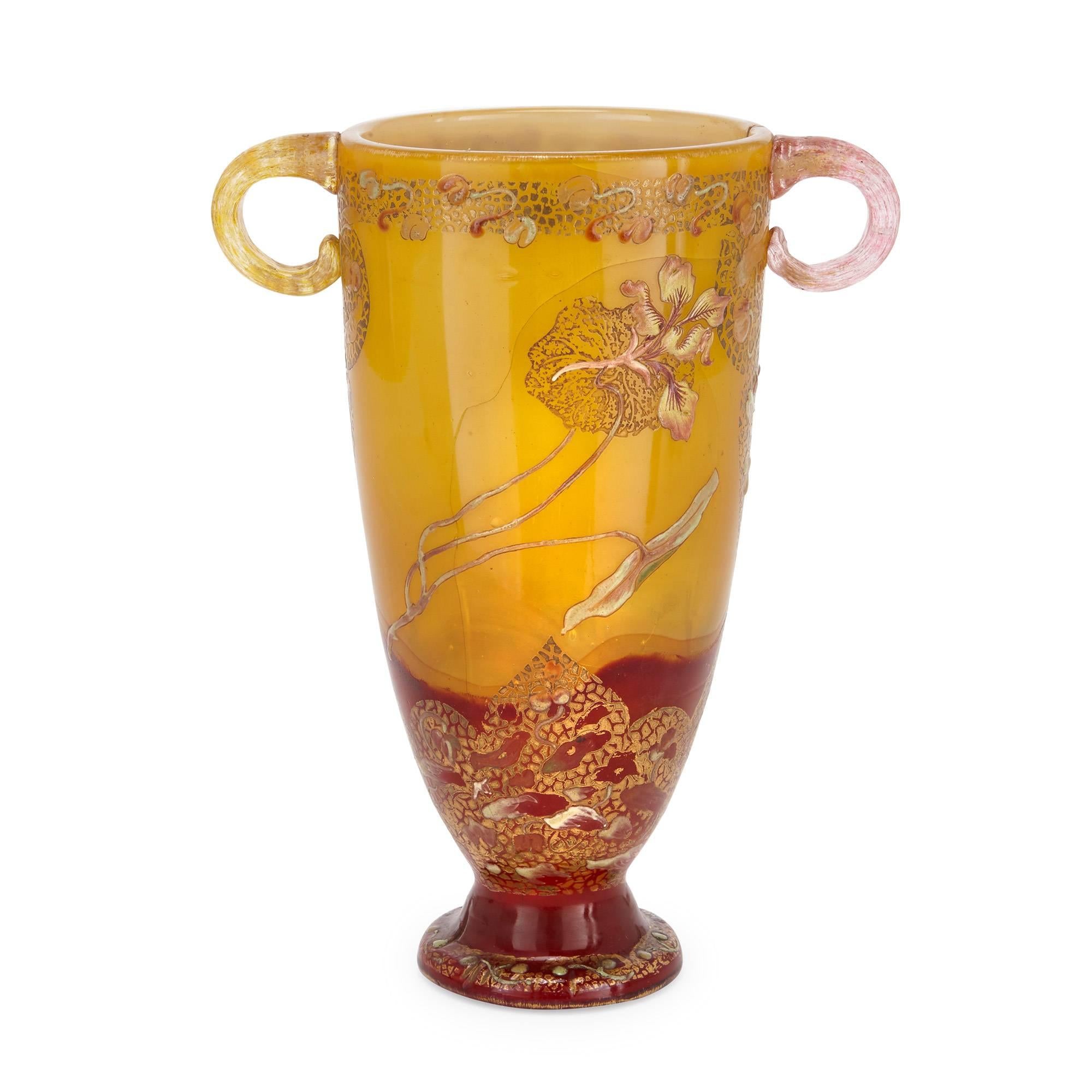 French Antique Art Nouveau Style Yellow Glass Vase with Twin Handles by Emile Gallé