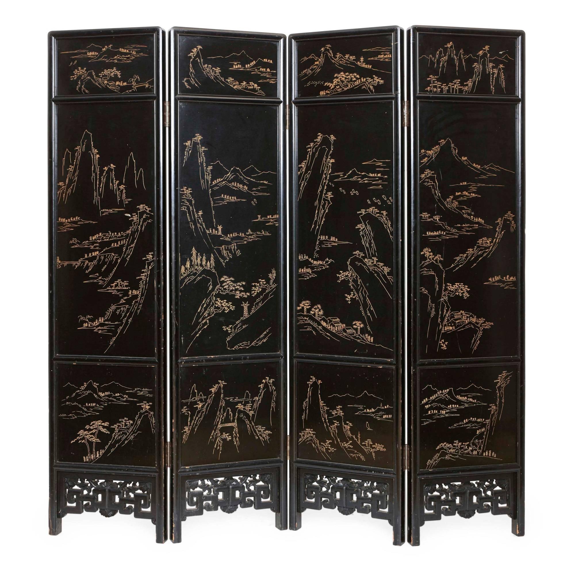 Chinese Four-Panel Folding Screen of Ebonized Wood and Soapstone 3