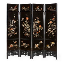 Chinese Four-Panel Folding Screen of Ebonized Wood and Soapstone