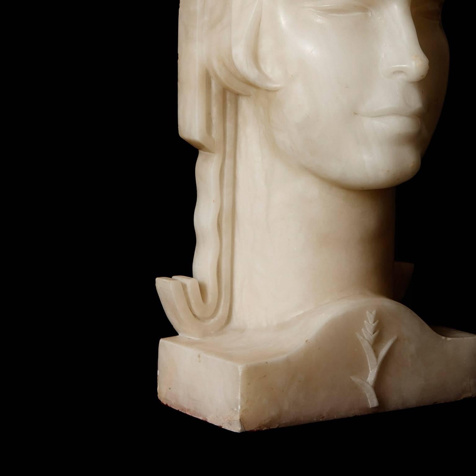 European Art Deco Style Continental Carved Alabaster Bust Depicting an Oriental Lady