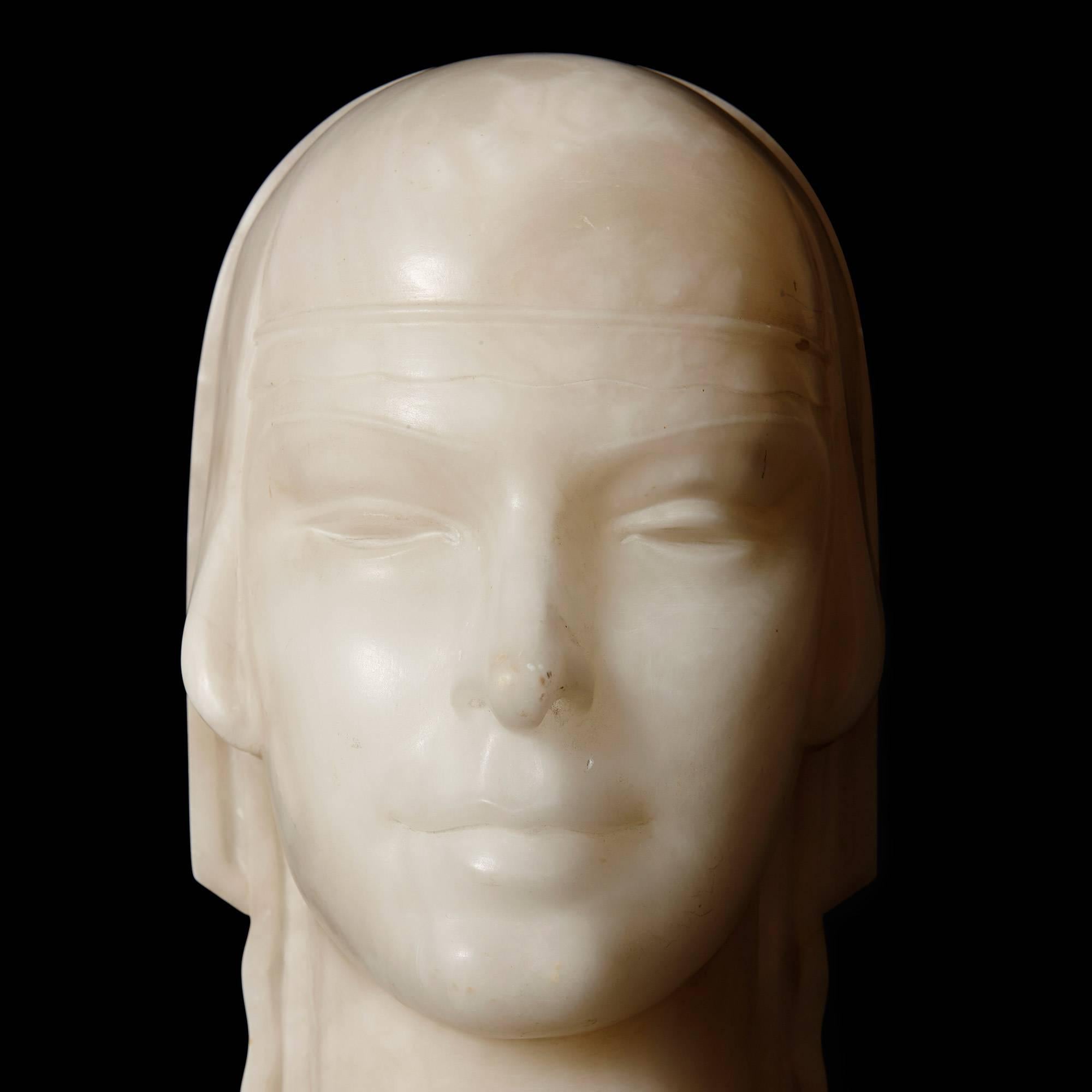 20th Century Art Deco Style Continental Carved Alabaster Bust Depicting an Oriental Lady