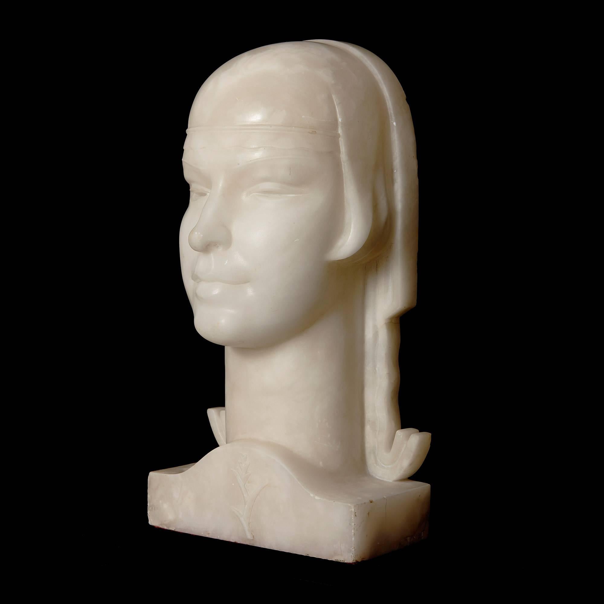 Art Deco Style Continental Carved Alabaster Bust Depicting an Oriental Lady In Good Condition In London, GB