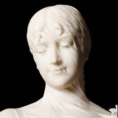 Busto italiano antiguo de mármol blanco tallado a mano de una joven dama por Cesare Lapini