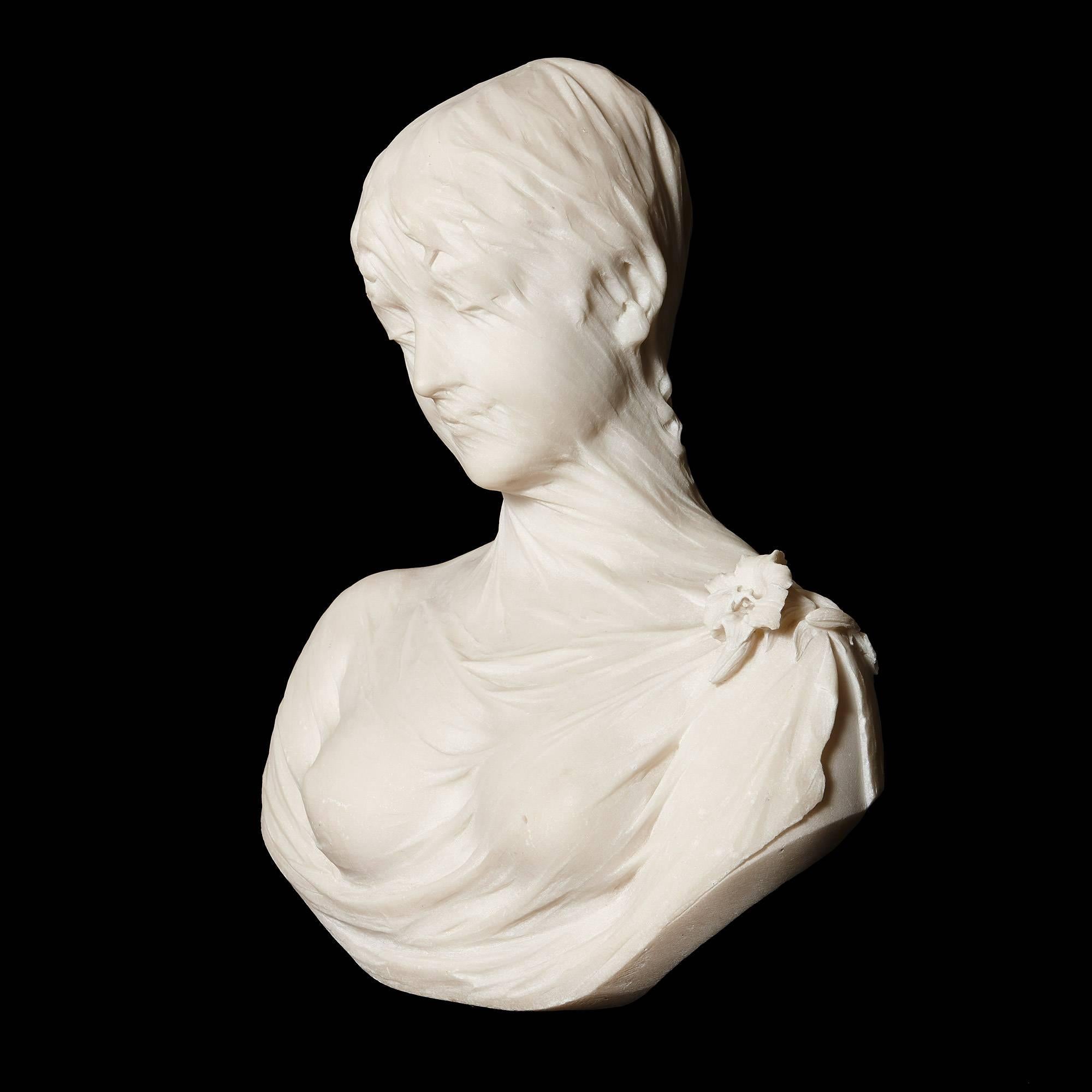 Classical Roman Hand-Carved Antique Italian White Marble Bust of a Young Lady by Cesare Lapini