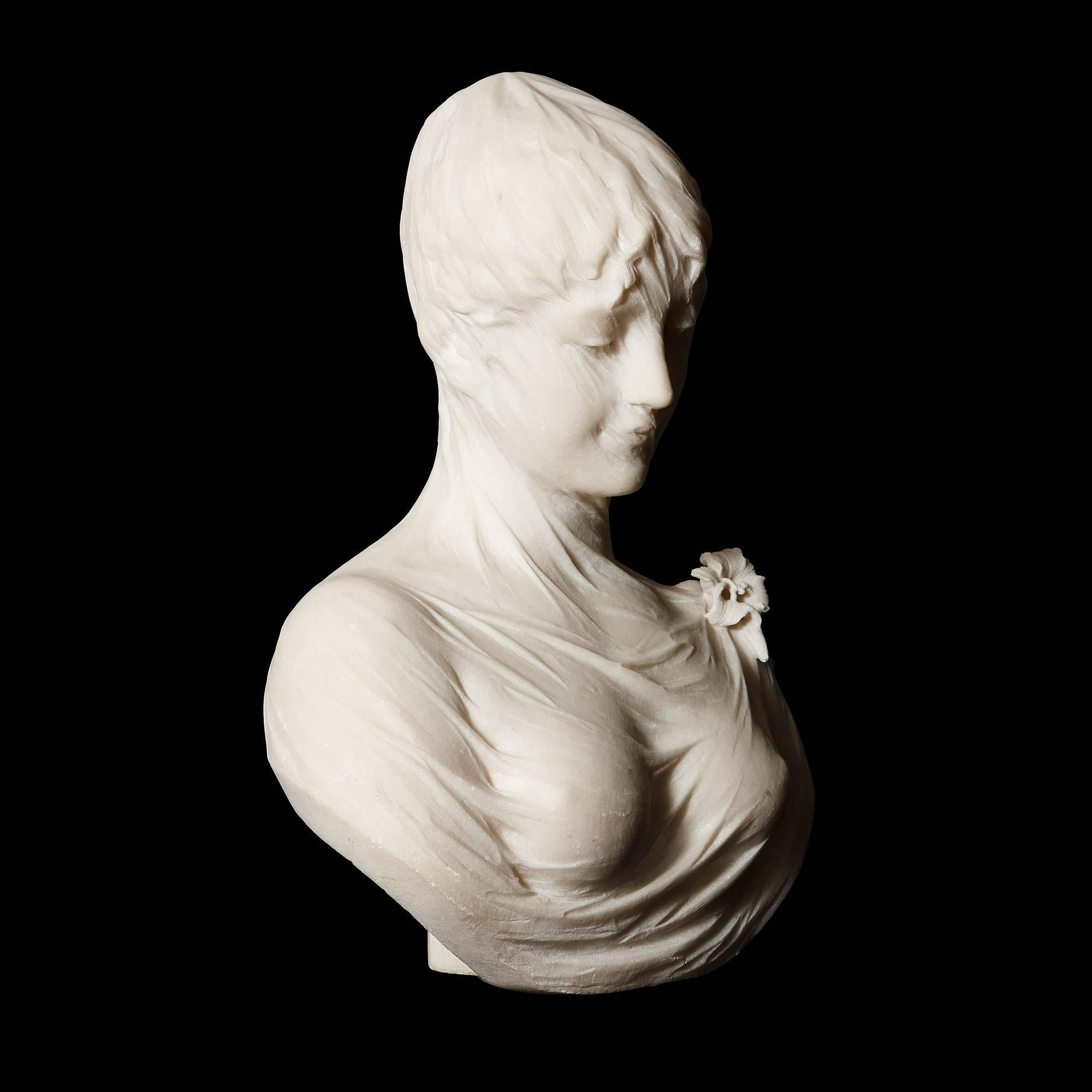 Hand-Carved Antique Italian White Marble Bust of a Young Lady by Cesare Lapini In Good Condition In London, GB
