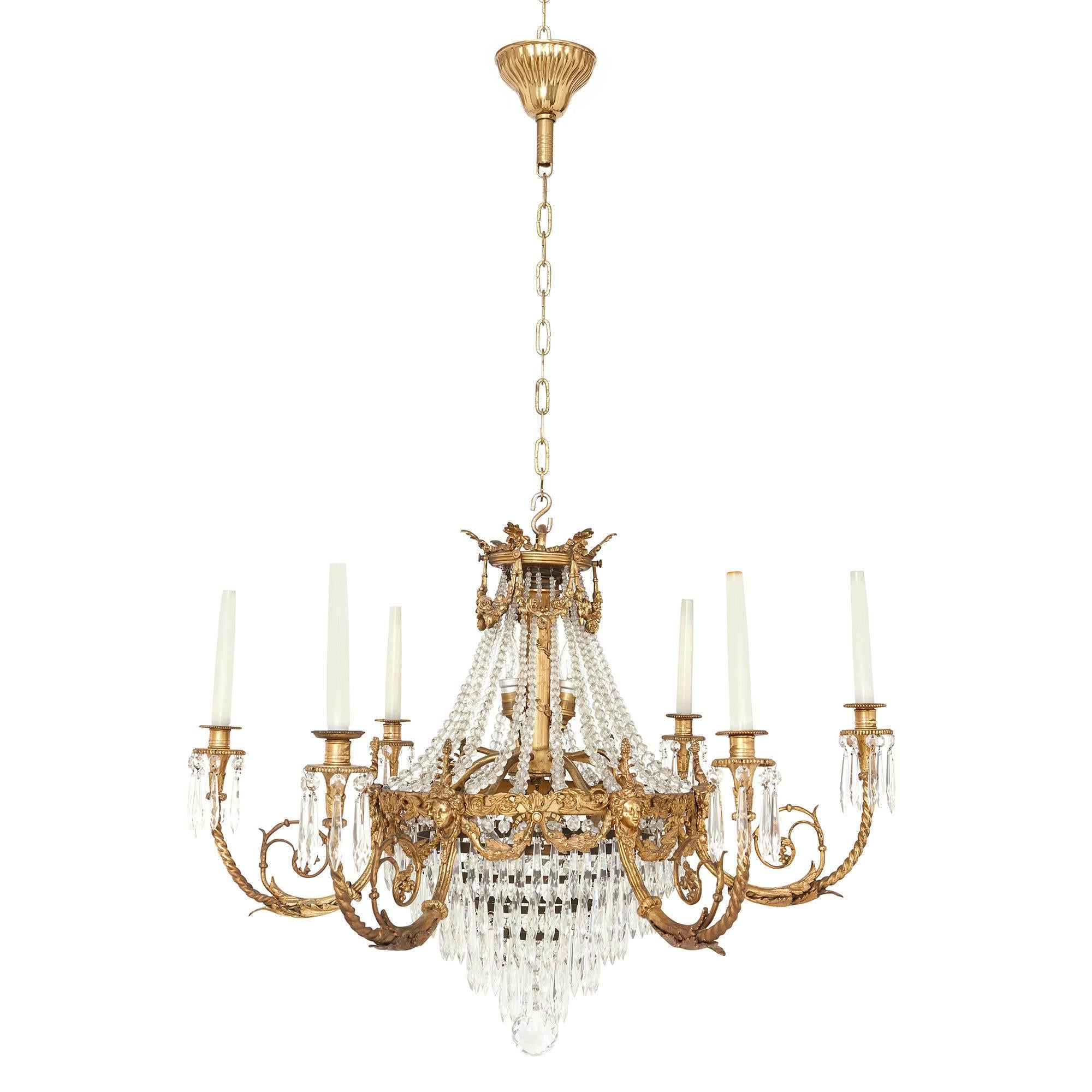 Antique French Gilt Bronze and Cut Glass Chandelier in the Empire Style