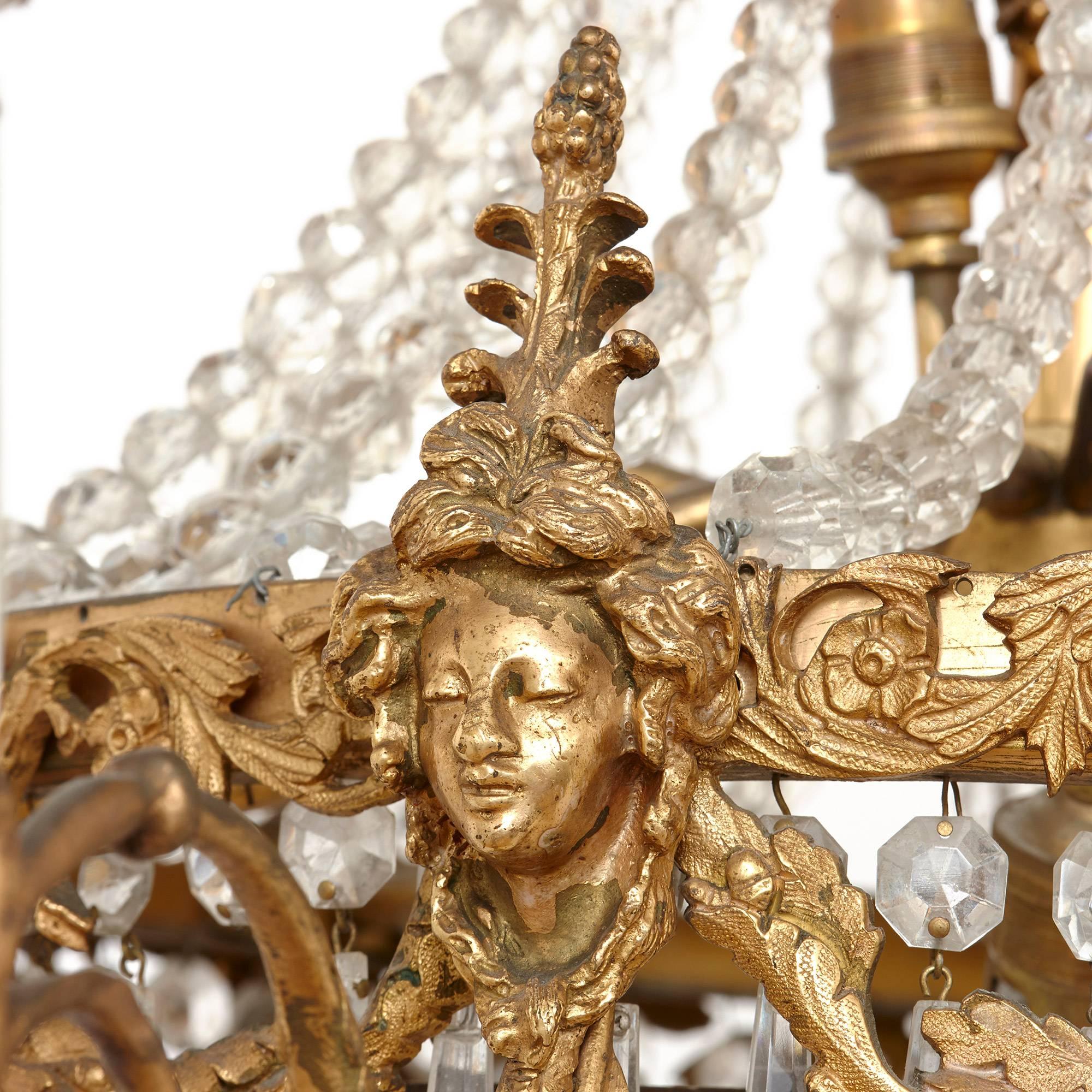 19th Century Antique French Gilt Bronze and Cut Glass Chandelier in the Empire Style