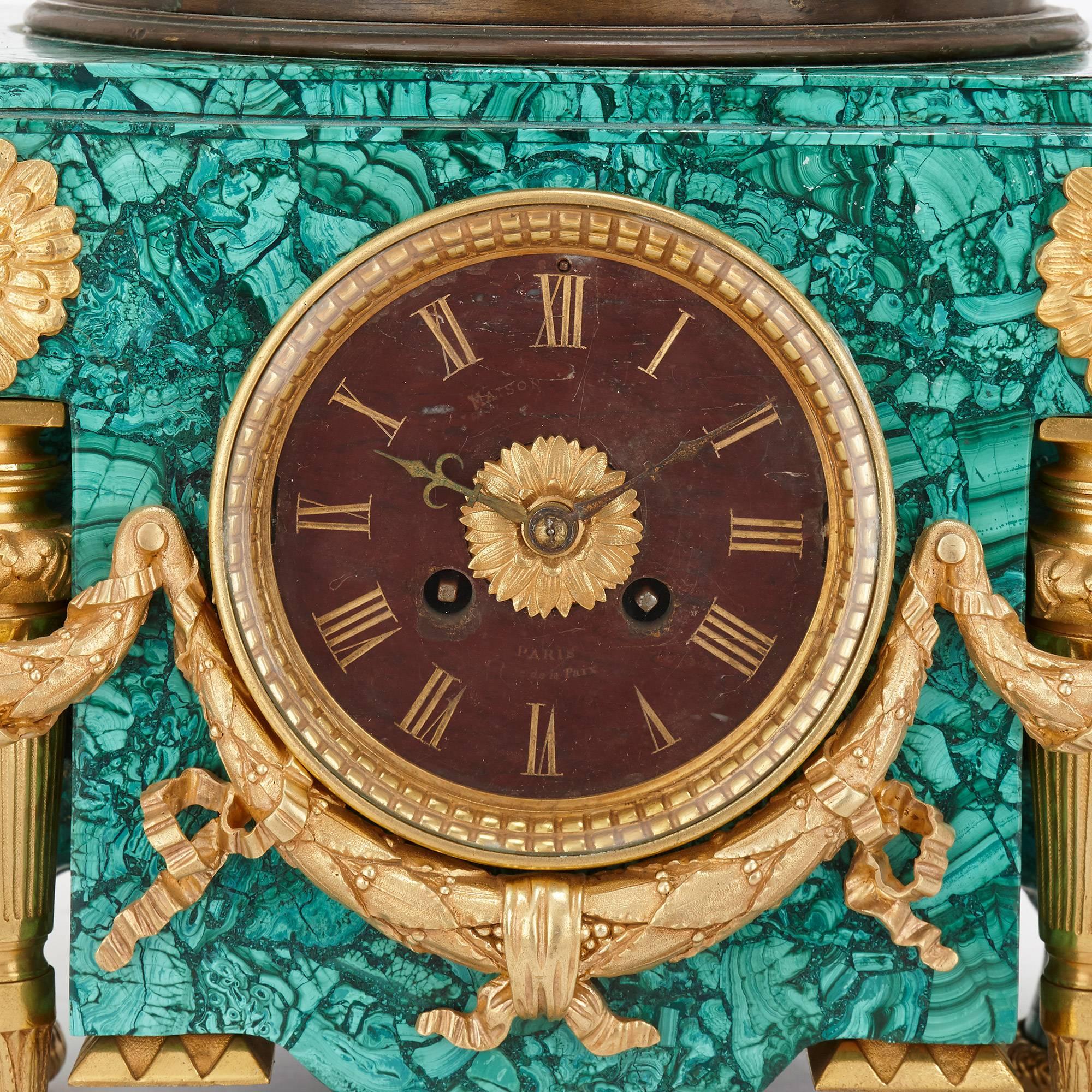 Neoclassical Antique Malachite Mantel Clock with Ormolu Mounts and Patinated Bronze Sculpture