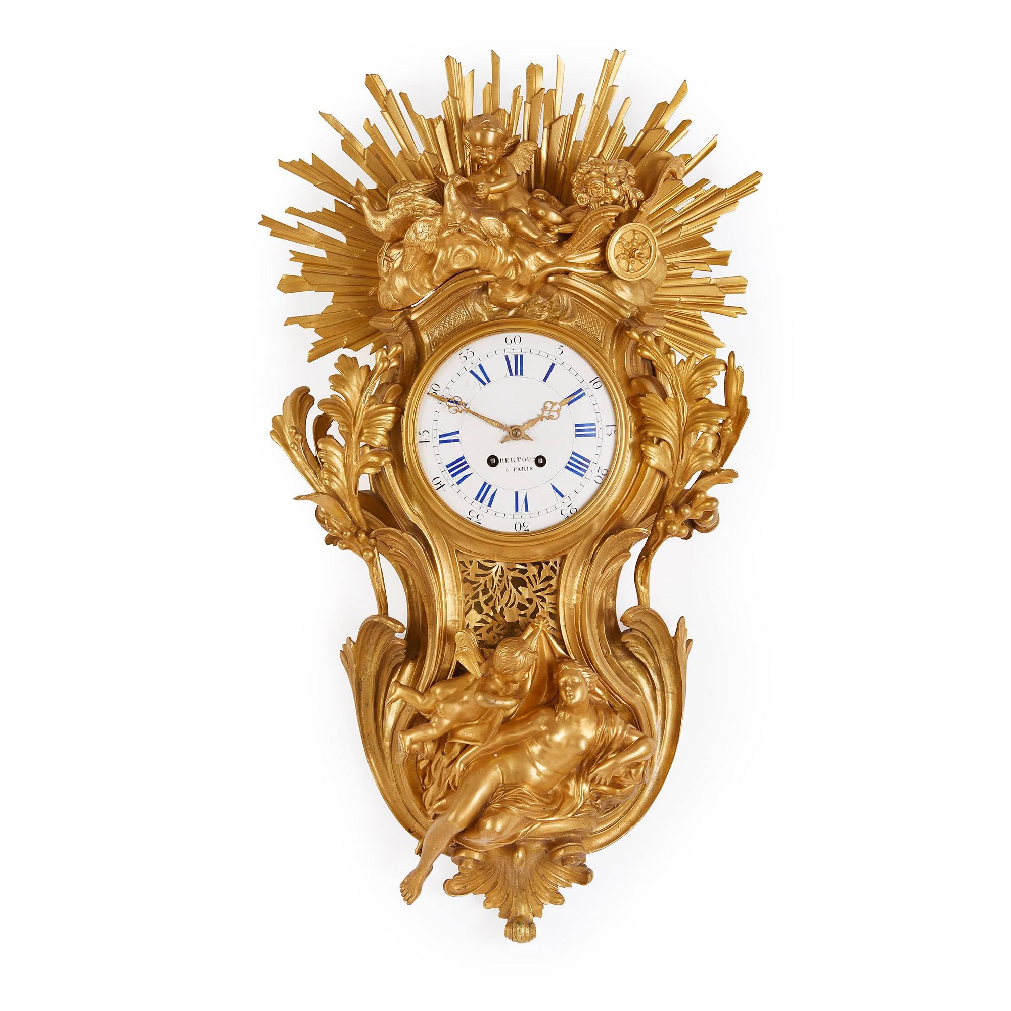 Grande horloge de cheminée française ancienne en bronze doré de style Belle poque par Bertoud
