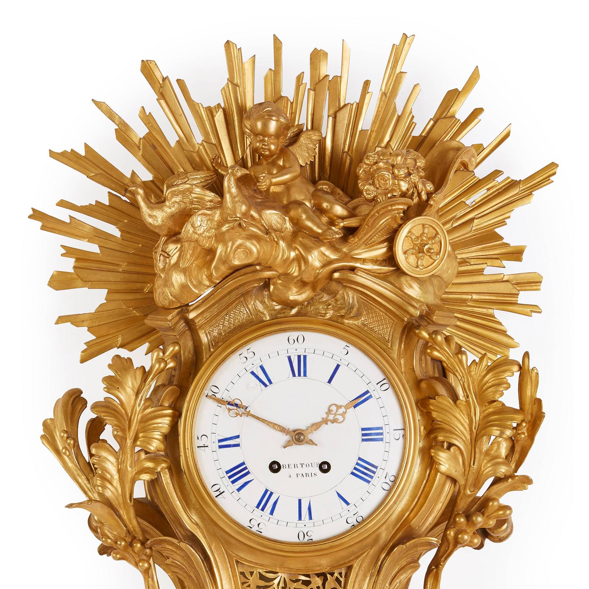 Doré Grande horloge de cheminée française ancienne en bronze doré de style Belle poque par Bertoud en vente