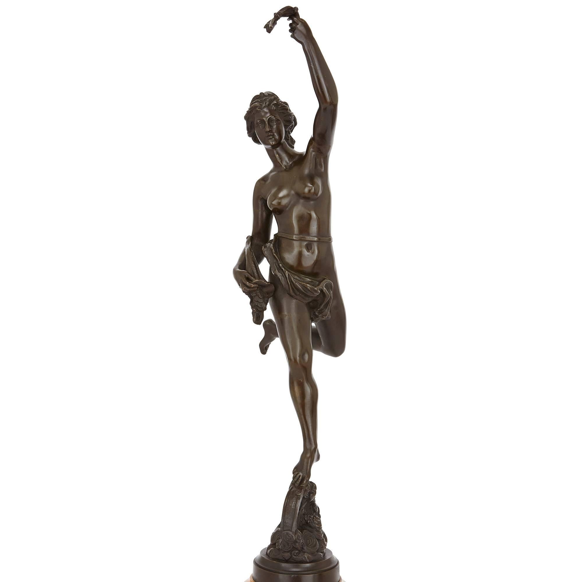 These beautiful antique bronze sculptures depict the Roman deities Mercury, the messenger god, and Fortuna, goddess of luck. The original models for the present examples were created by Giambologna, a Flemish sculptor based in Italy who worked in