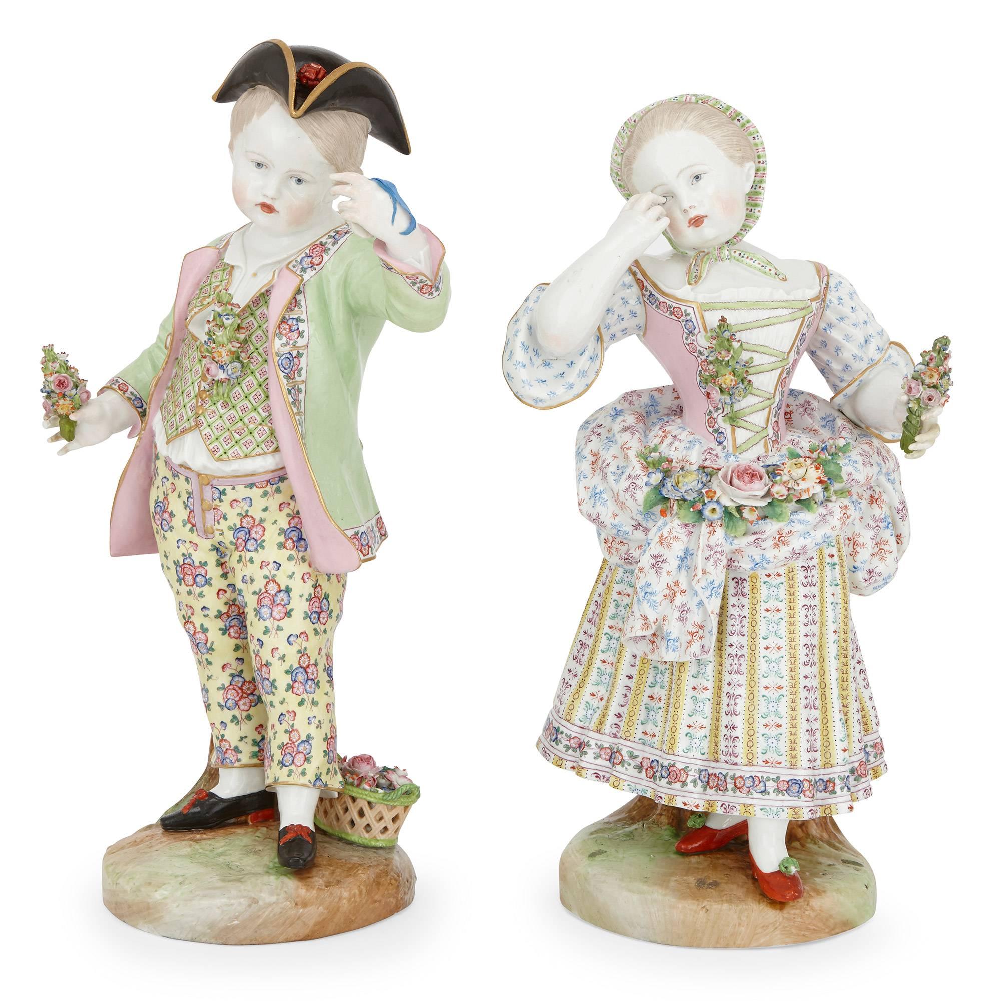 These charming antique Meissen style Porcelain figures are rendered in the elegant Rococo style, depicting a courting couple dressed in 18th century clothes and holding flowers; each figure with blue crossed sword marks.

Taller figure height 44cm,
