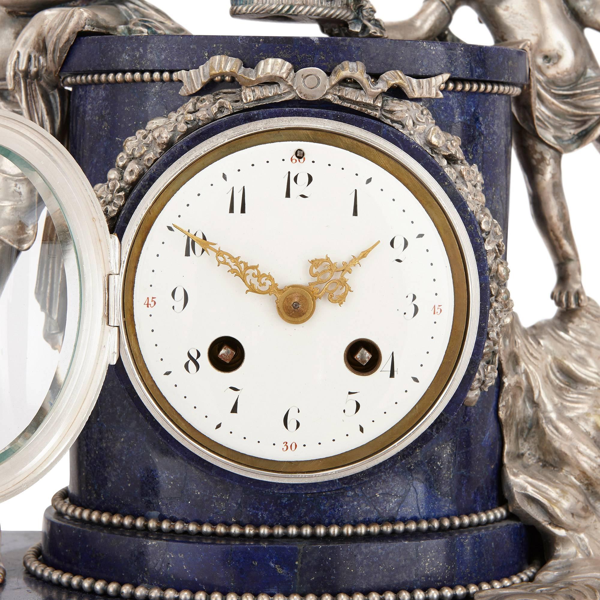 Neoclassical Antique French Lapis Lazuli and Silvered Bronze Three-Piece Clock Set For Sale