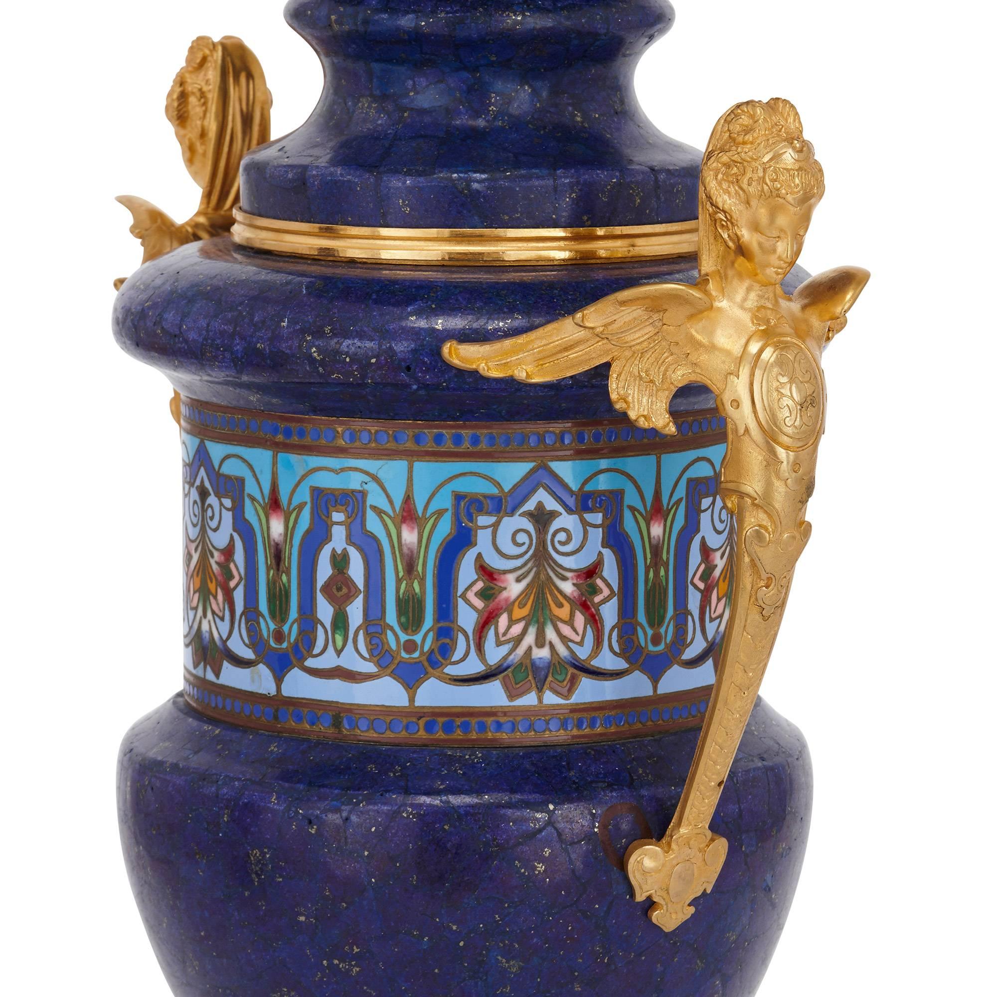 Neoclassical Pair of Gilt Bronze Mounted Lapis Lazuli and Champlevé Enamel Antique Vases