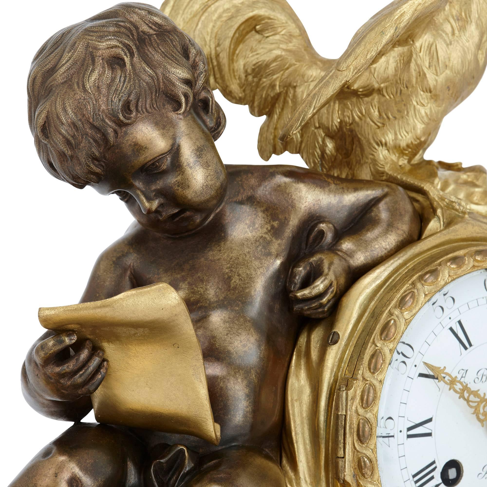 19th Century French Silvered Bronze and Ormolu Neoclassical Style Mantel Clock by Beurdeley For Sale