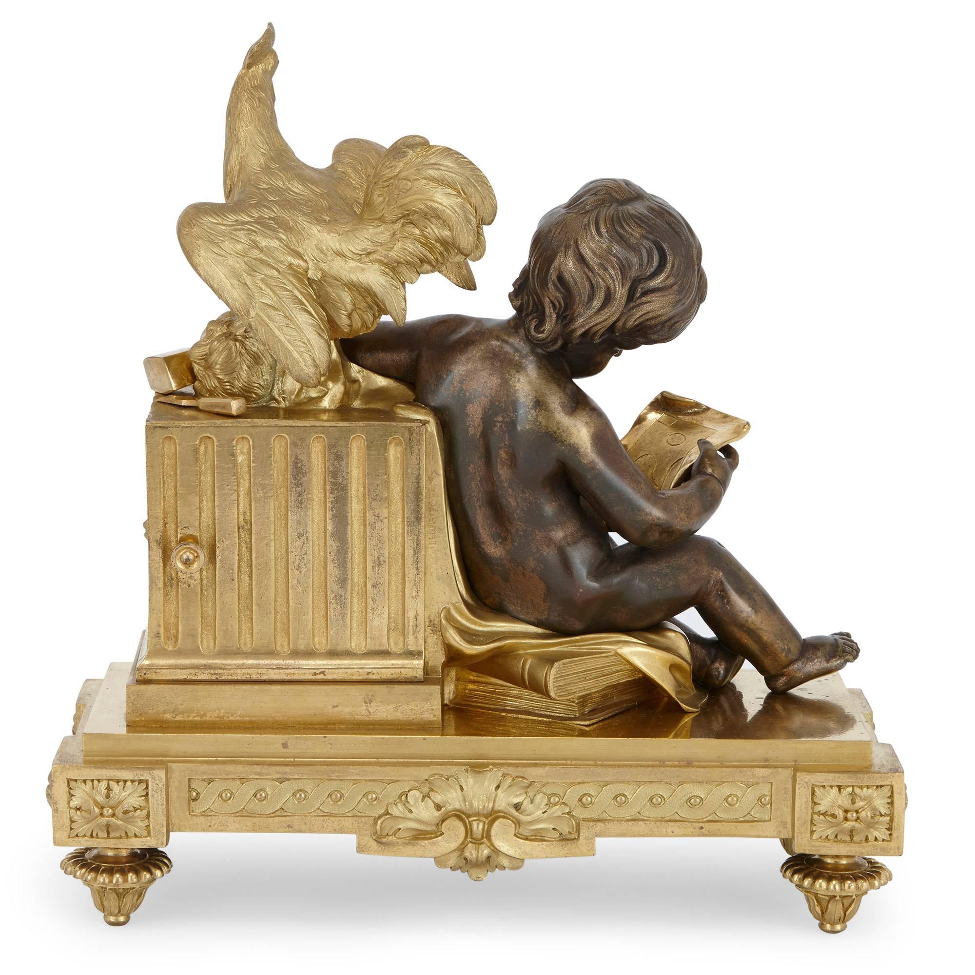 This charming antique French mantel clock is crafted by famous French maker, Alfred Beurdeley (1847-1919). The work is rendered in the elegant neoclassical style, modelled as a seated putto holding a paper who leans against a pedestal fronted by an