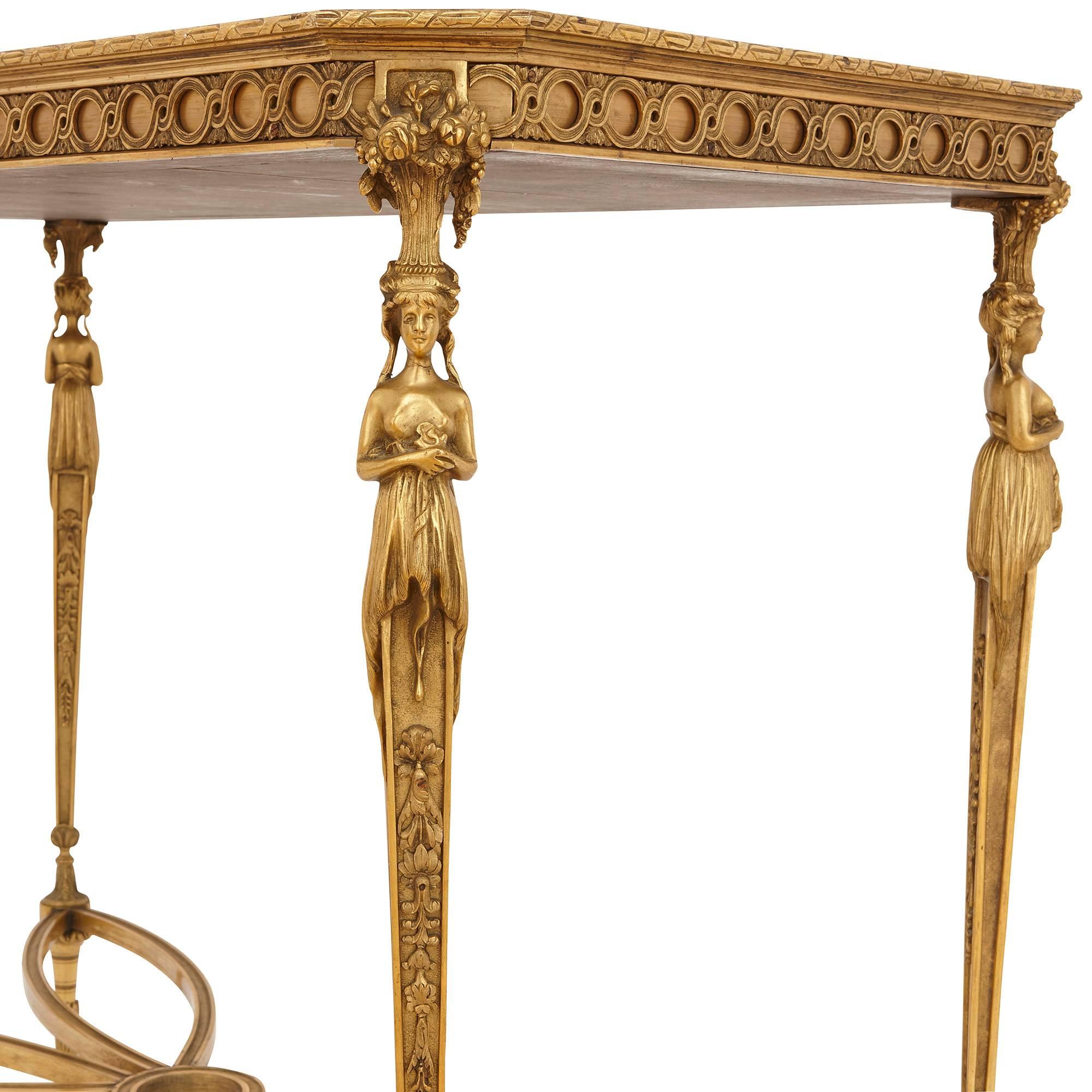 French Pair of Gilt Bronze-Mounted Neoclassical Style Centre Tables with Marble Tops For Sale