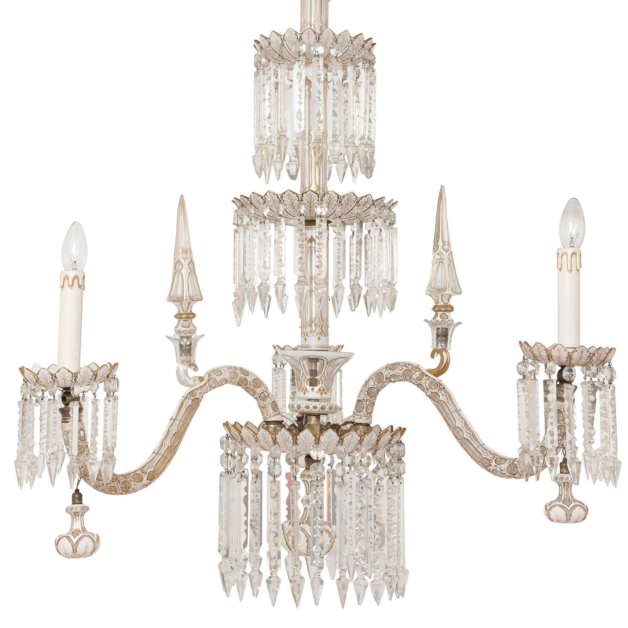 This stunning antique Bohemian gasolier chandelier is crafted in the elegant Belle Époque style. The work exemplifies the very best of 19th century Bohemian craftsmanship, featuring four graduated tiers with three scrolling candle-arms. Fine,